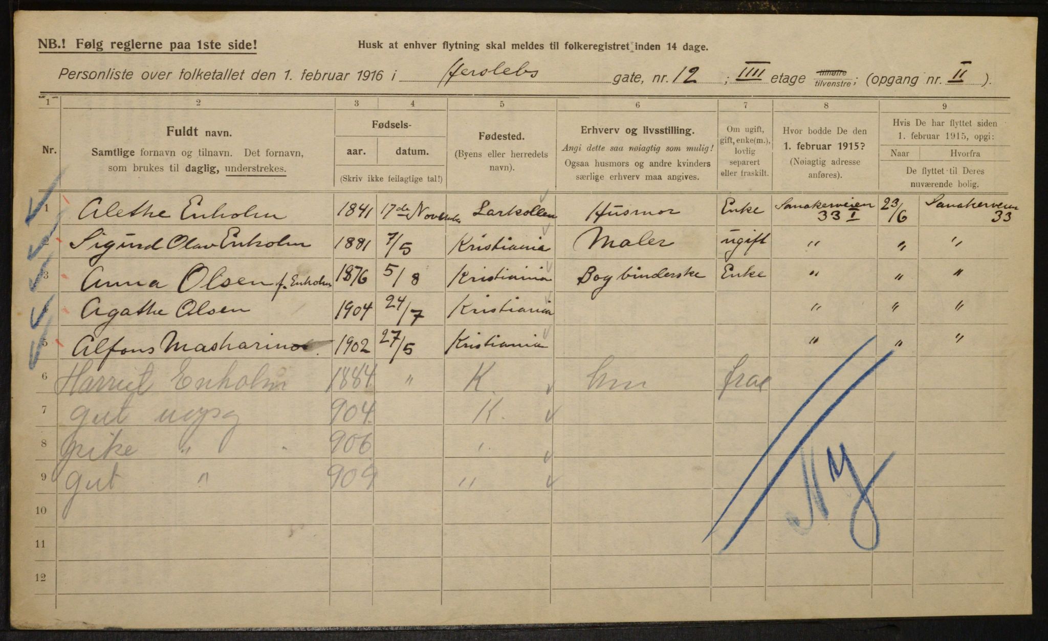 OBA, Municipal Census 1916 for Kristiania, 1916, p. 40061