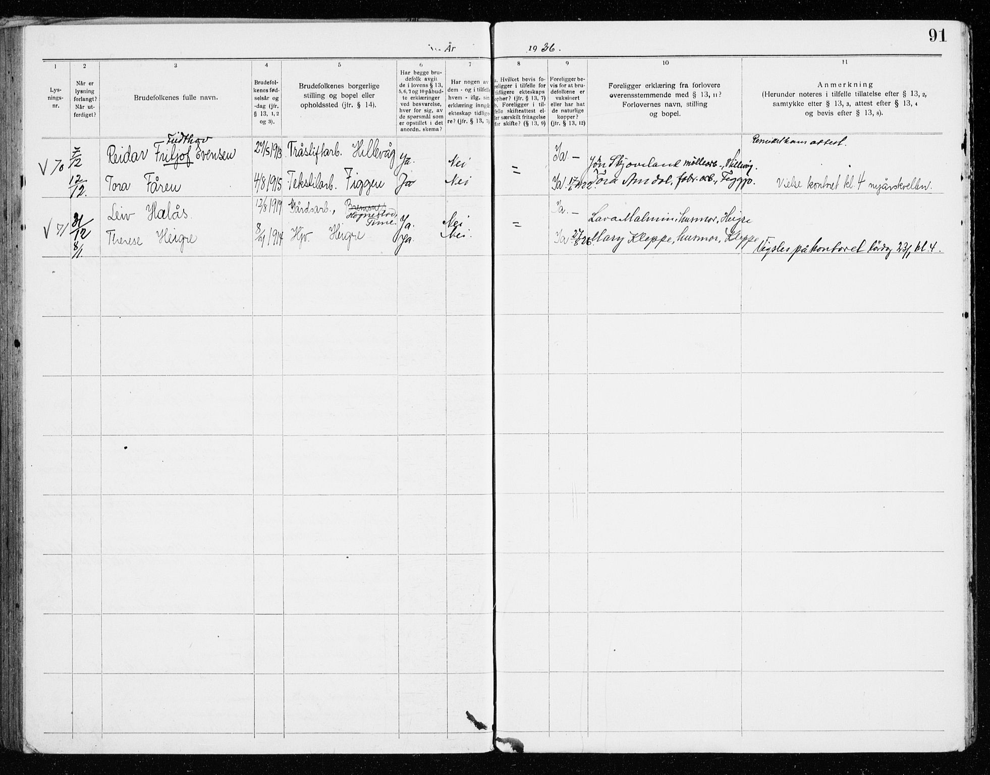 Høyland sokneprestkontor, SAST/A-101799/001/705BA/L0001: Banns register no. 705.BA.1, 1919-1936, p. 91