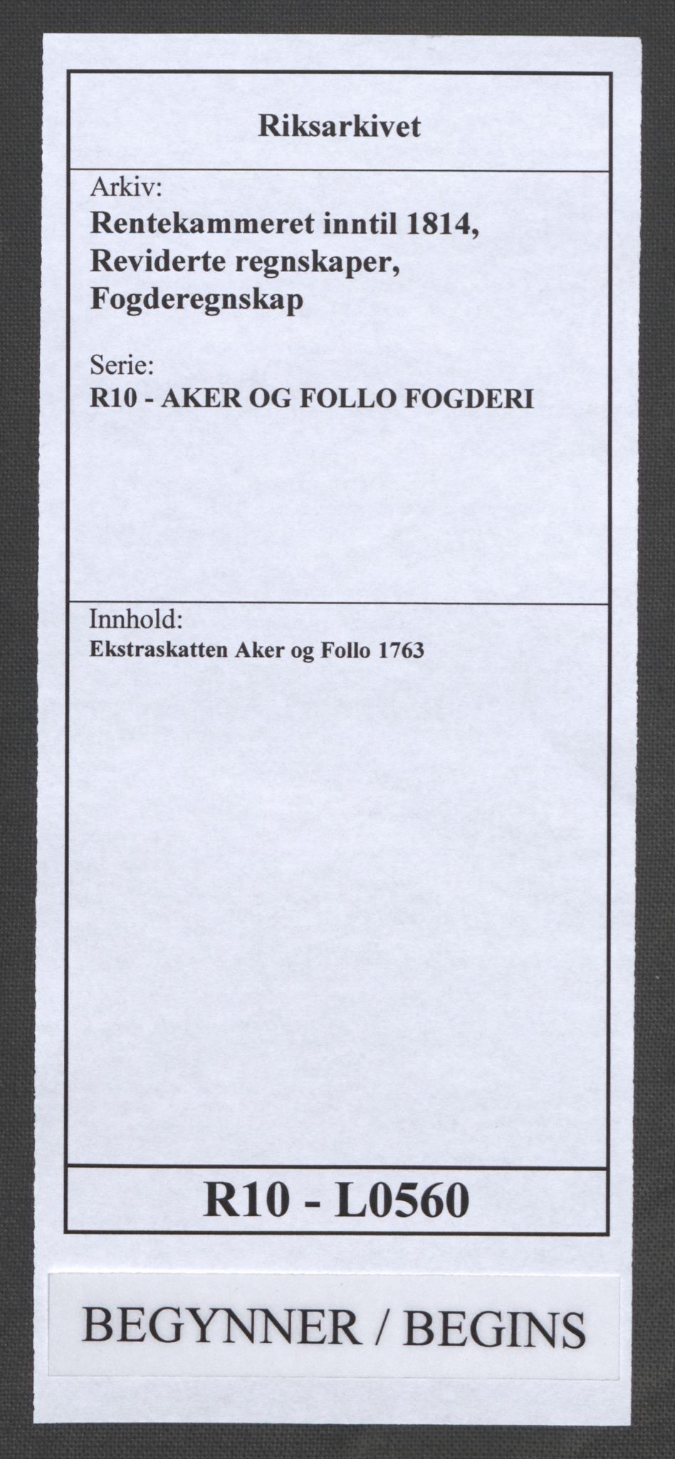 Rentekammeret inntil 1814, Reviderte regnskaper, Fogderegnskap, AV/RA-EA-4092/R10/L0560: Ekstraskatten Aker og Follo, 1763, p. 1