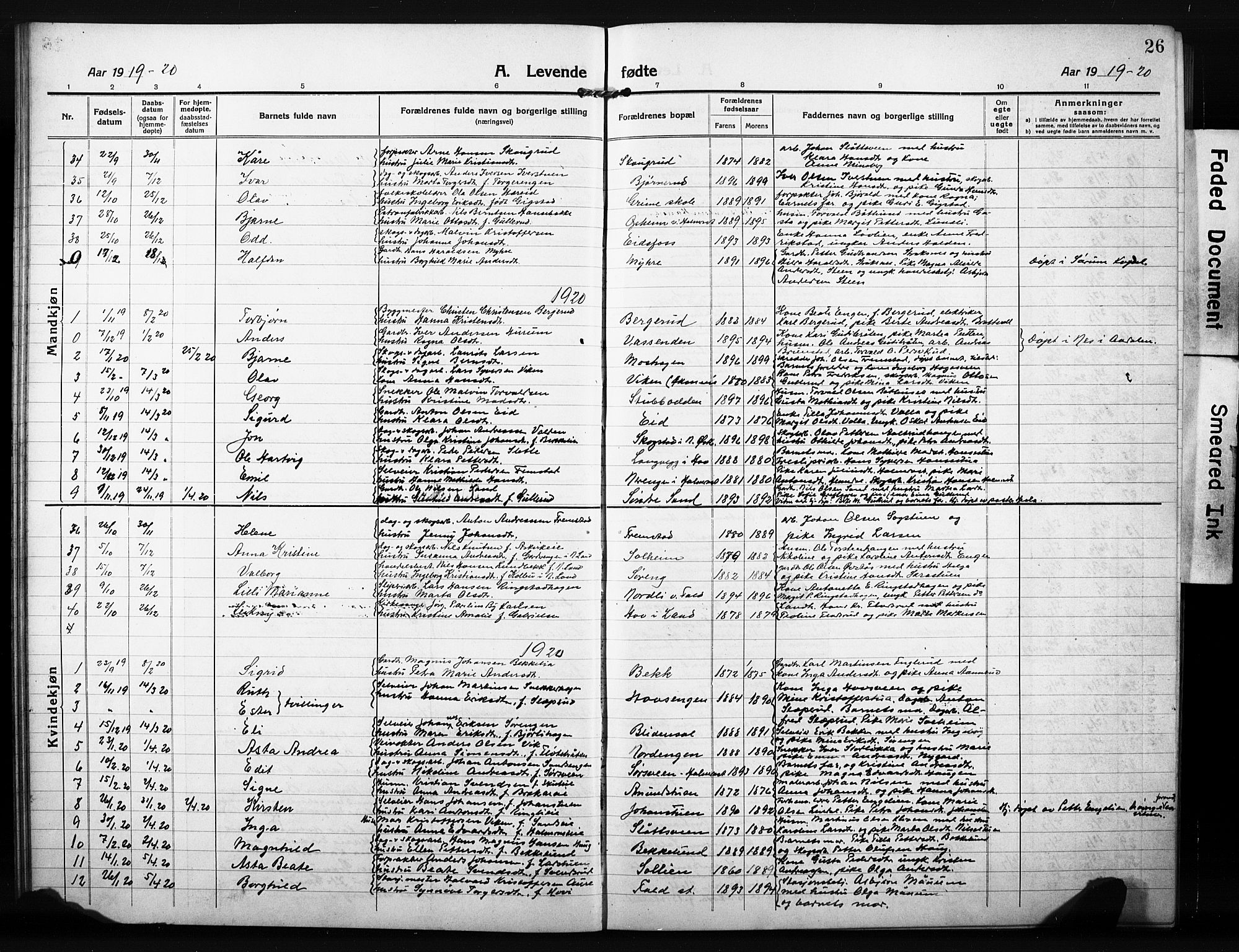 Søndre Land prestekontor, AV/SAH-PREST-122/L/L0007: Parish register (copy) no. 7, 1915-1932, p. 26