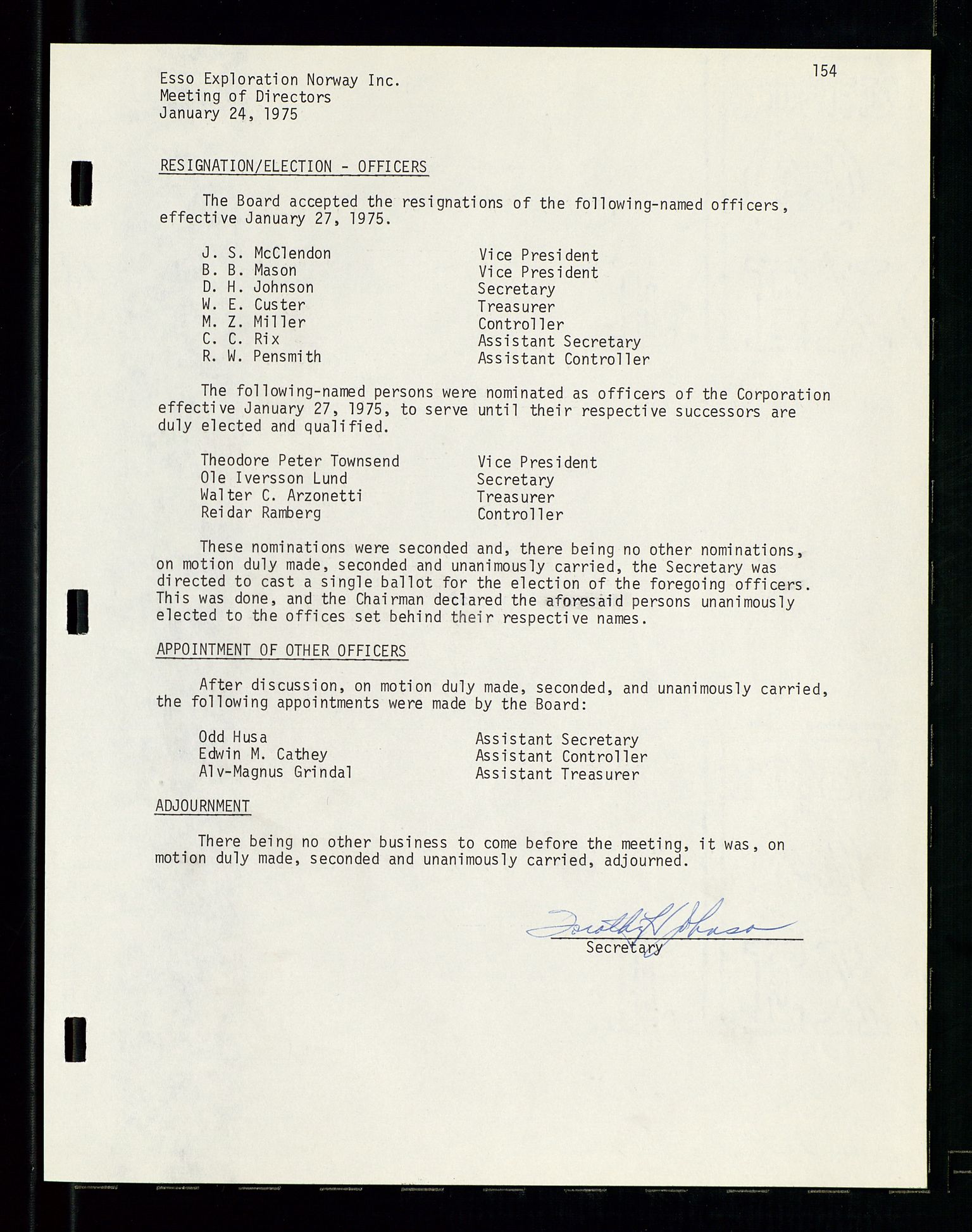 Pa 1512 - Esso Exploration and Production Norway Inc., SAST/A-101917/A/Aa/L0001/0001: Styredokumenter / Corporate records, By-Laws, Board meeting minutes, Incorporations, 1965-1975, p. 154