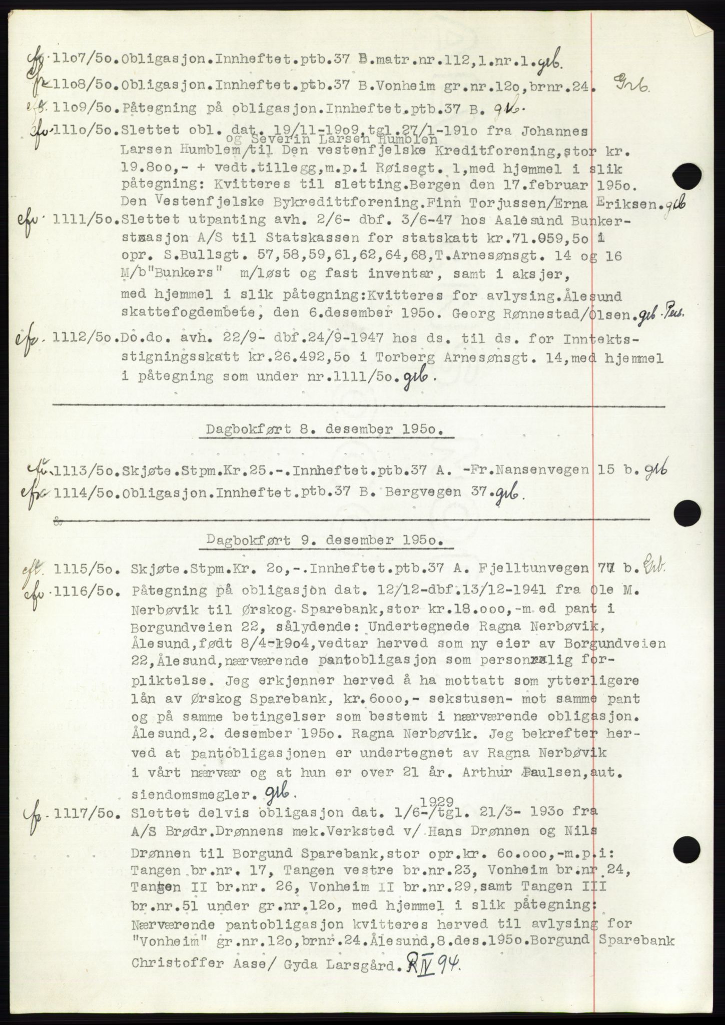 Ålesund byfogd, AV/SAT-A-4384: Mortgage book no. C37, 1950-1951, Diary no: : 1107/1950