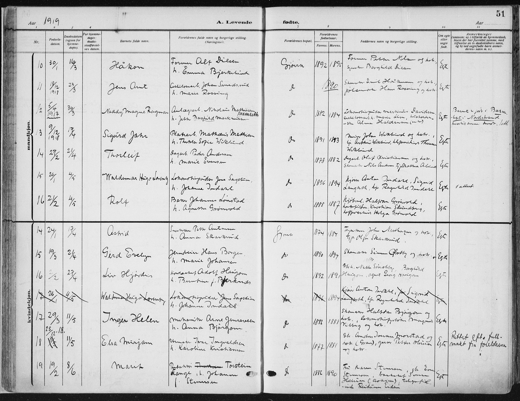 Vardal prestekontor, AV/SAH-PREST-100/H/Ha/Haa/L0014: Parish register (official) no. 14, 1912-1922, p. 51