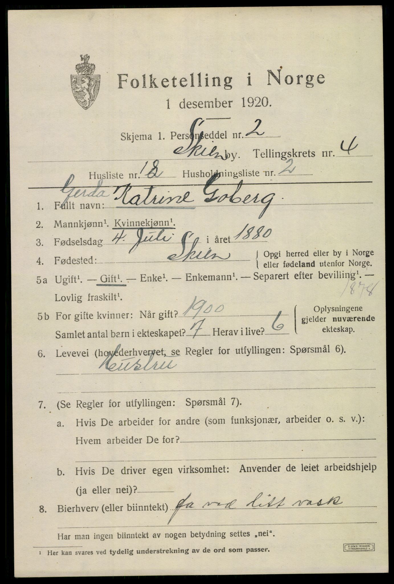 SAKO, 1920 census for Skien, 1920, p. 16928