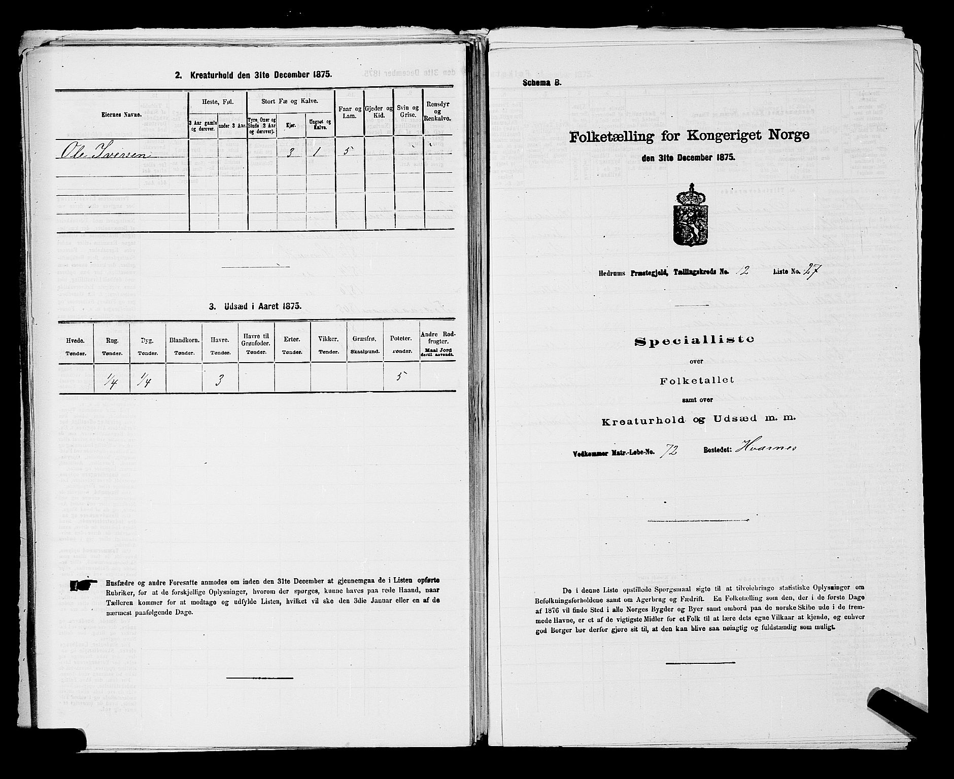 SAKO, 1875 census for 0727P Hedrum, 1875, p. 1164