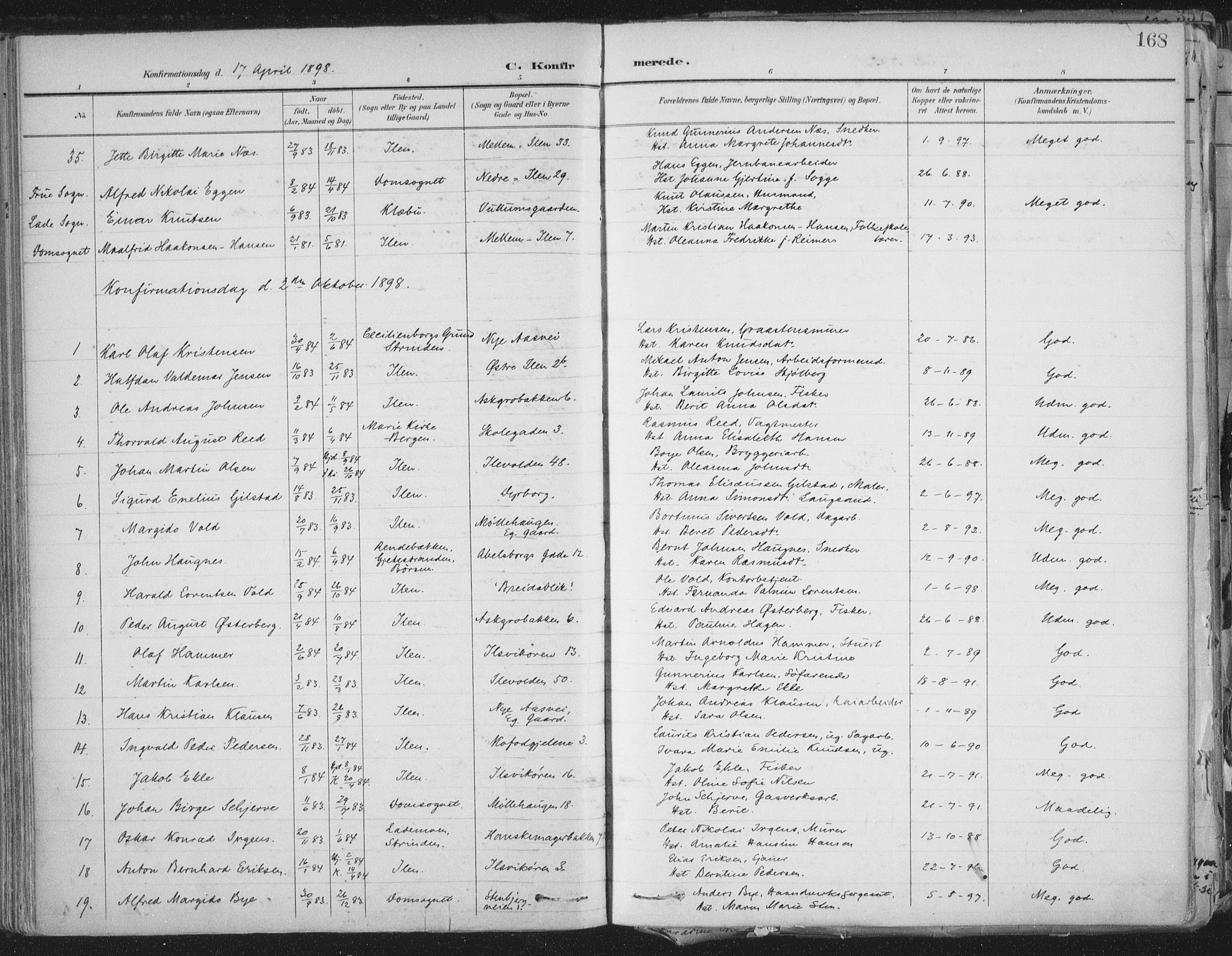 Ministerialprotokoller, klokkerbøker og fødselsregistre - Sør-Trøndelag, SAT/A-1456/603/L0167: Parish register (official) no. 603A06, 1896-1932, p. 168