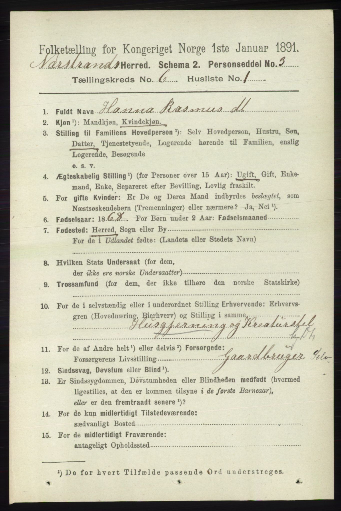 RA, 1891 census for 1139 Nedstrand, 1891, p. 1027