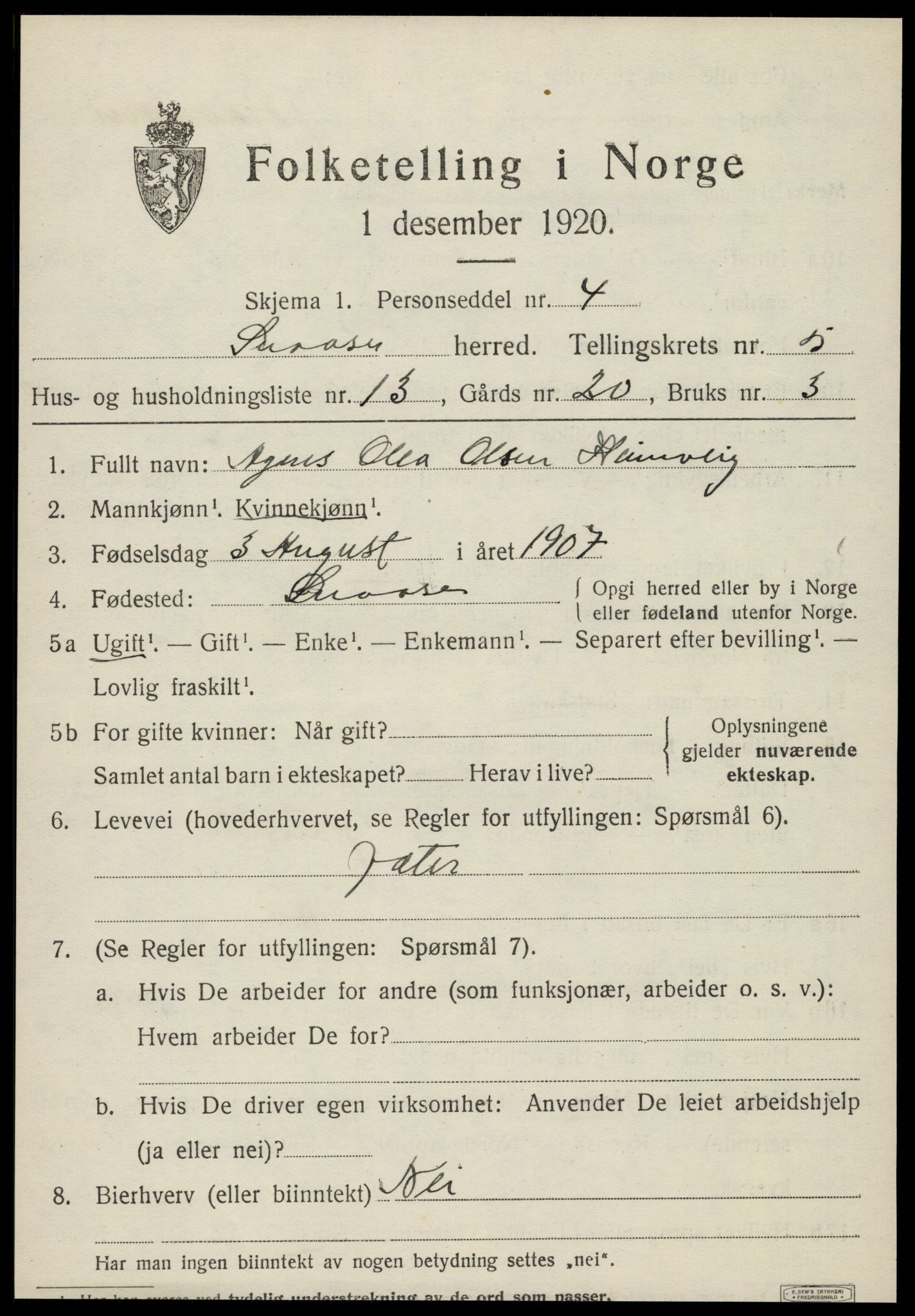 SAT, 1920 census for Snåsa, 1920, p. 2406