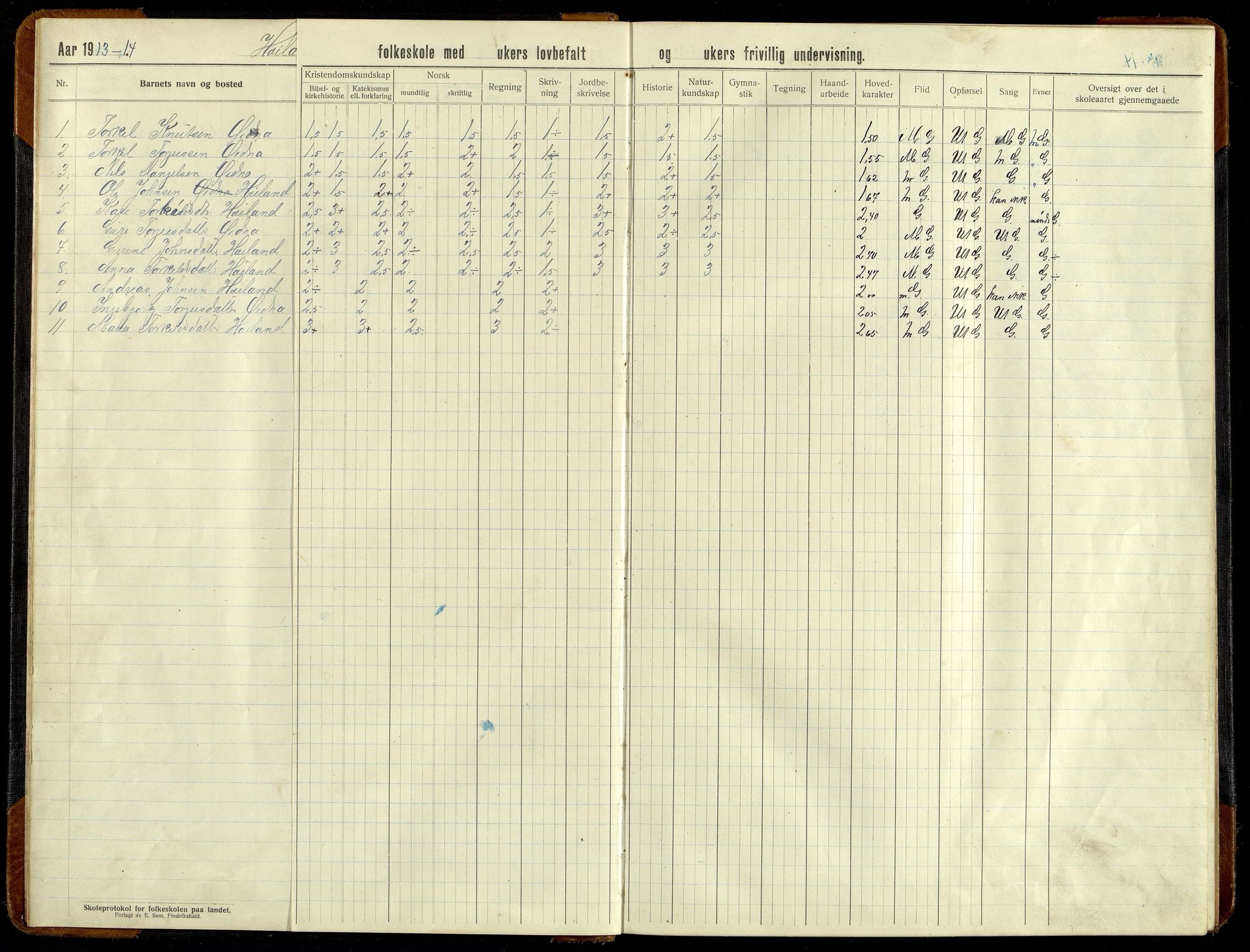 Grindheim kommune - Høyland Skolekrets, ARKSOR/1027GR551/H/L0002: Skoleprotokoll (d), 1913-1956