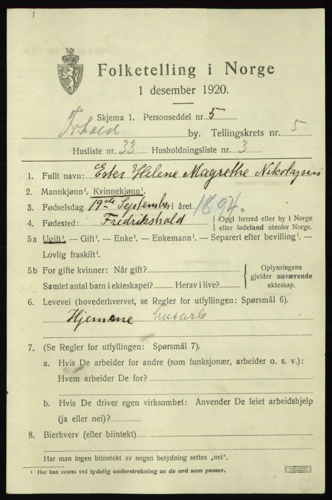 SAO, 1920 census for Fredrikshald, 1920, p. 12805