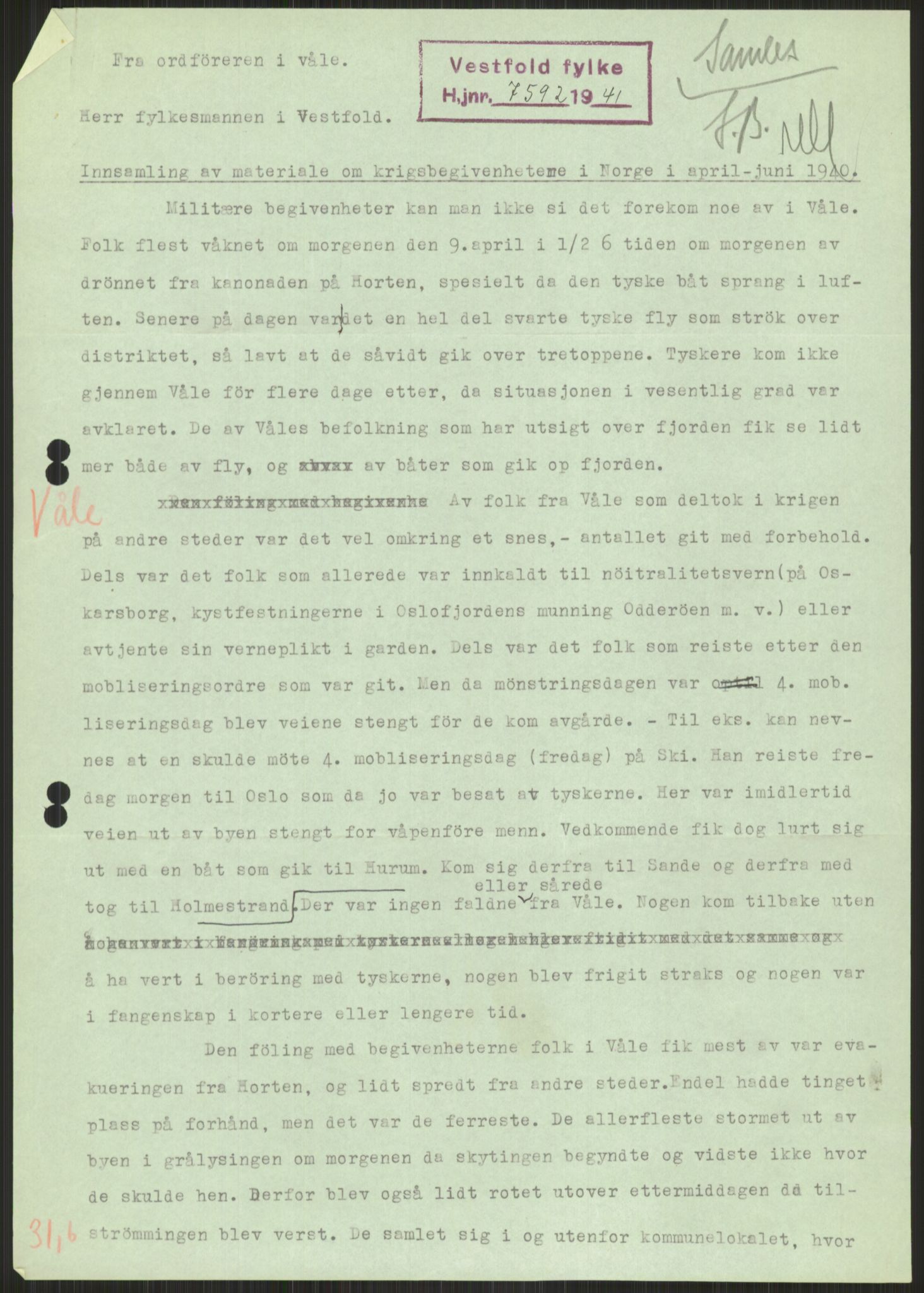 Forsvaret, Forsvarets krigshistoriske avdeling, RA/RAFA-2017/Y/Ya/L0014: II-C-11-31 - Fylkesmenn.  Rapporter om krigsbegivenhetene 1940., 1940, p. 610