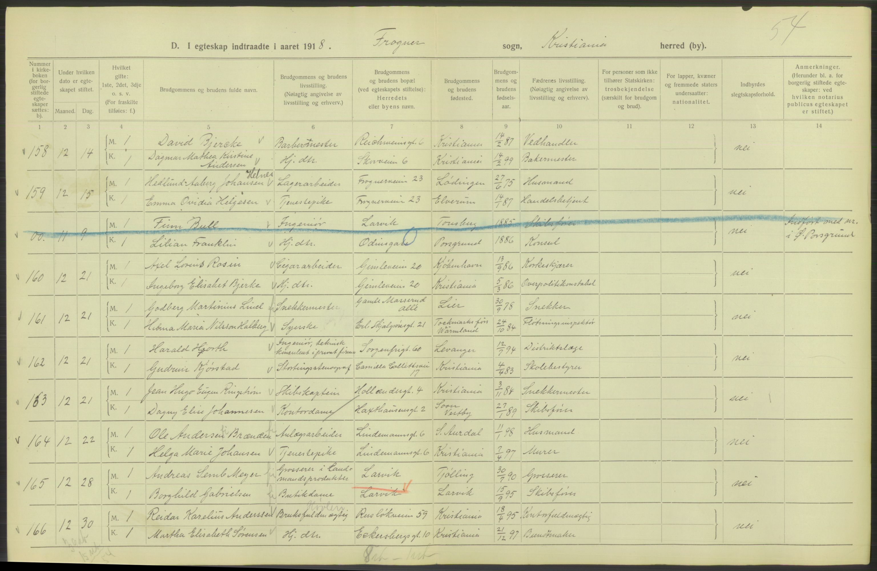 Statistisk sentralbyrå, Sosiodemografiske emner, Befolkning, AV/RA-S-2228/D/Df/Dfb/Dfbh/L0009: Kristiania: Gifte, 1918, p. 166