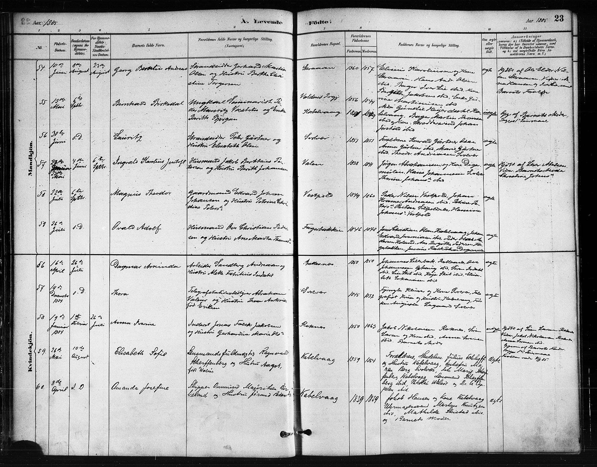 Ministerialprotokoller, klokkerbøker og fødselsregistre - Nordland, AV/SAT-A-1459/874/L1059: Parish register (official) no. 874A03, 1884-1890, p. 23