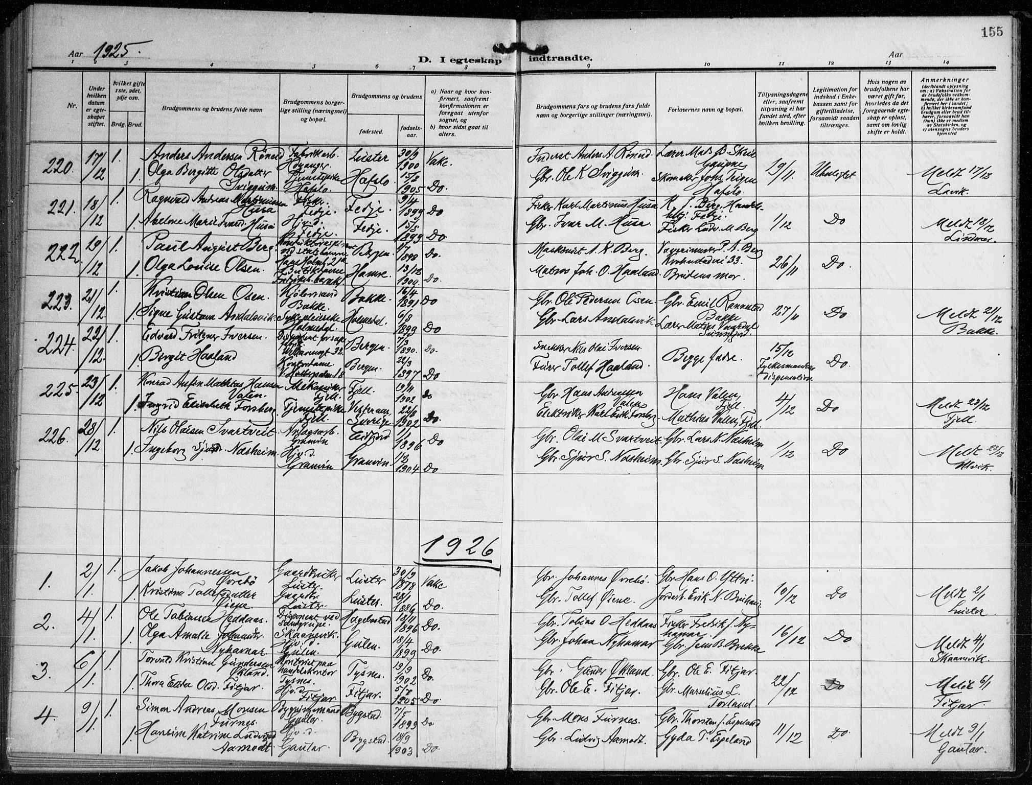 Nykirken Sokneprestembete, SAB/A-77101/H/Haa/L0037: Parish register (official) no. D 7, 1918-1926, p. 155