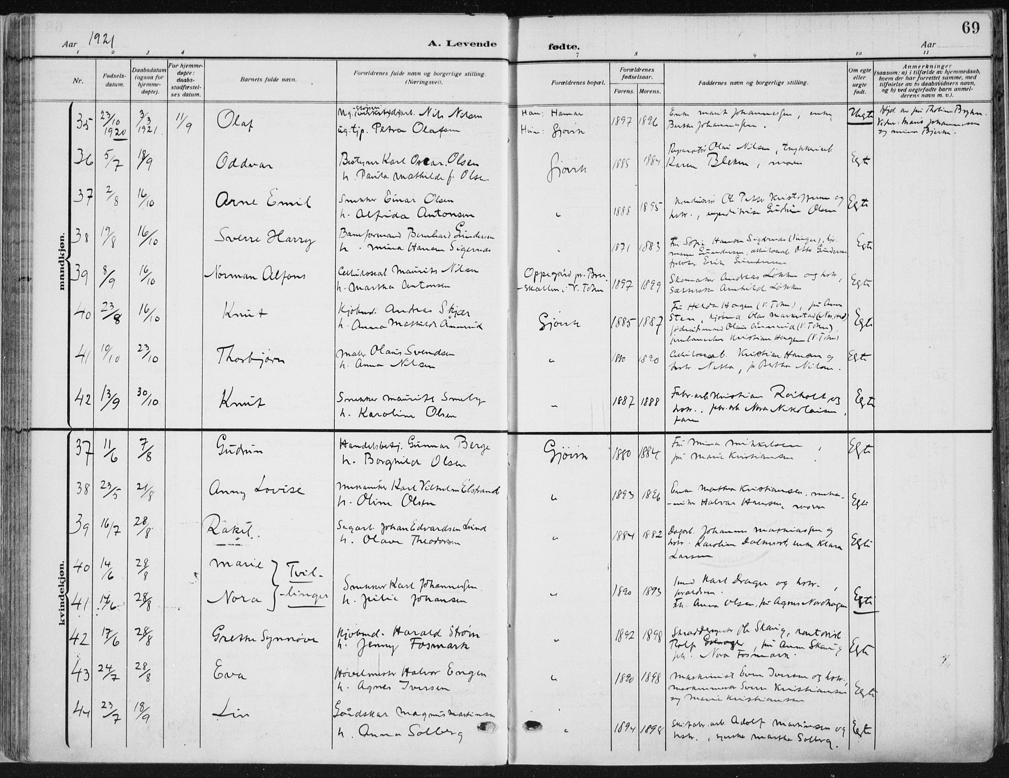 Vardal prestekontor, AV/SAH-PREST-100/H/Ha/Haa/L0014: Parish register (official) no. 14, 1912-1922, p. 69