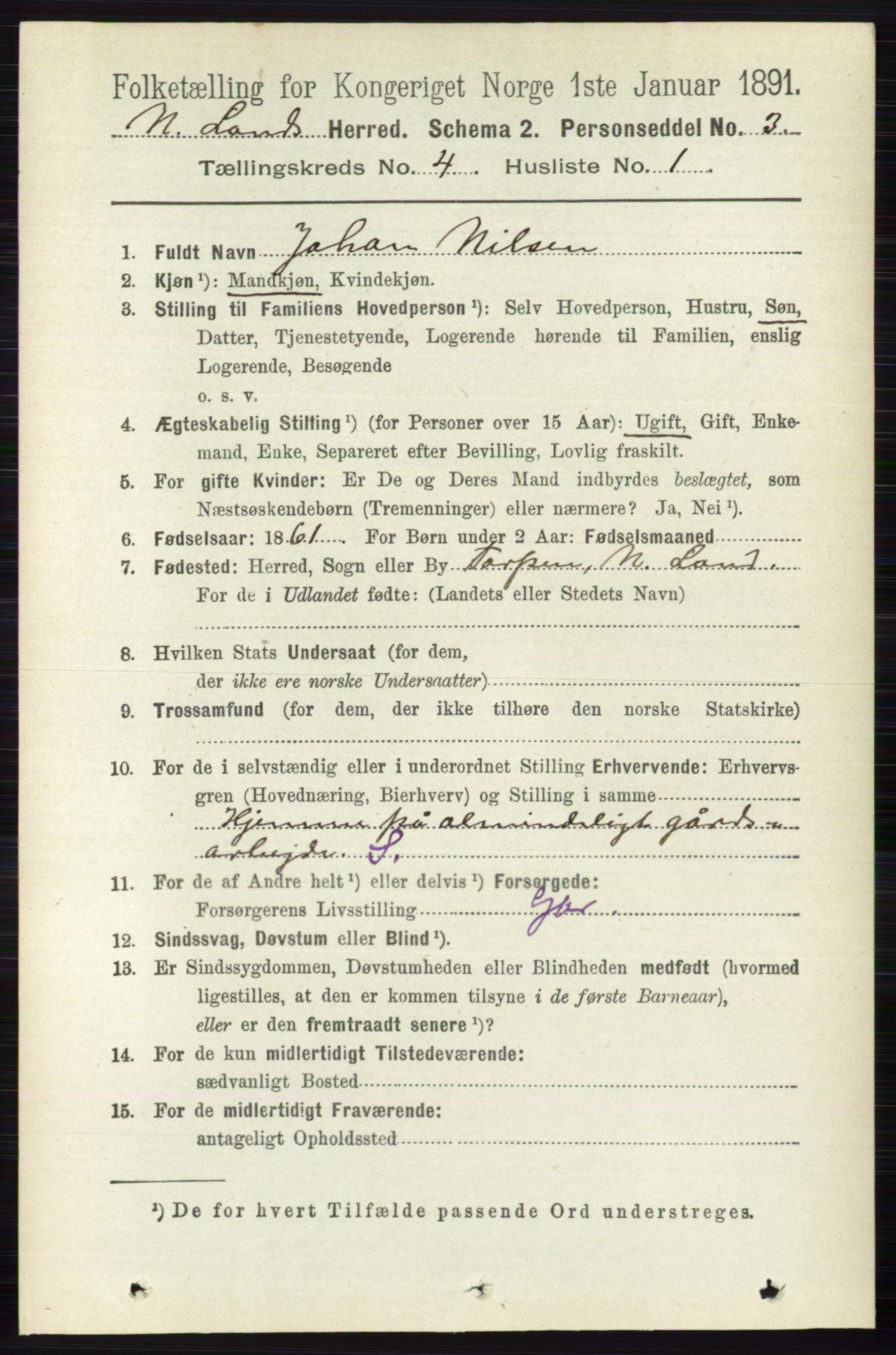 RA, 1891 census for 0538 Nordre Land, 1891, p. 1346