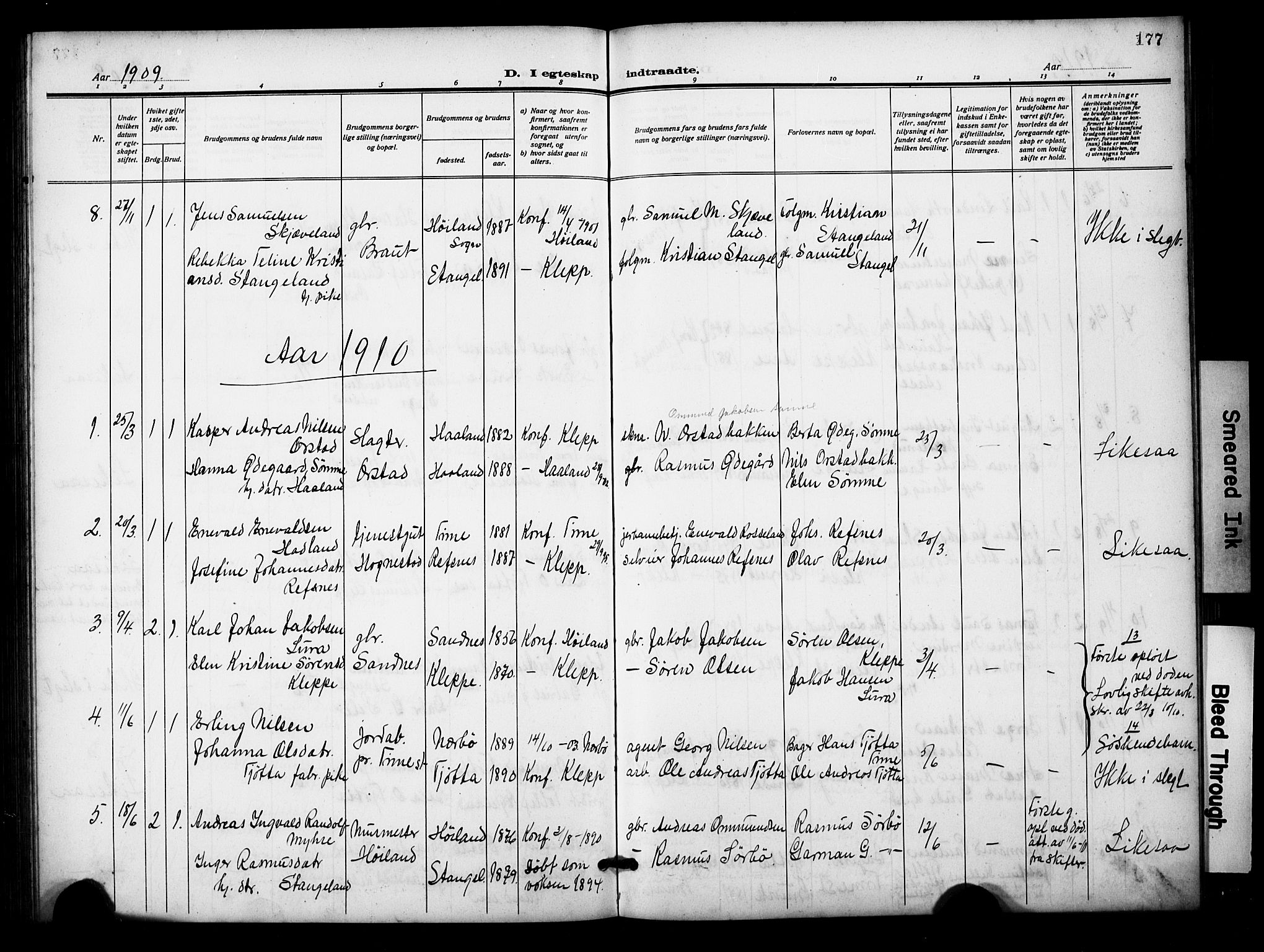 Klepp sokneprestkontor, SAST/A-101803/001/3/30BB/L0007: Parish register (copy) no. B 7, 1908-1934, p. 177