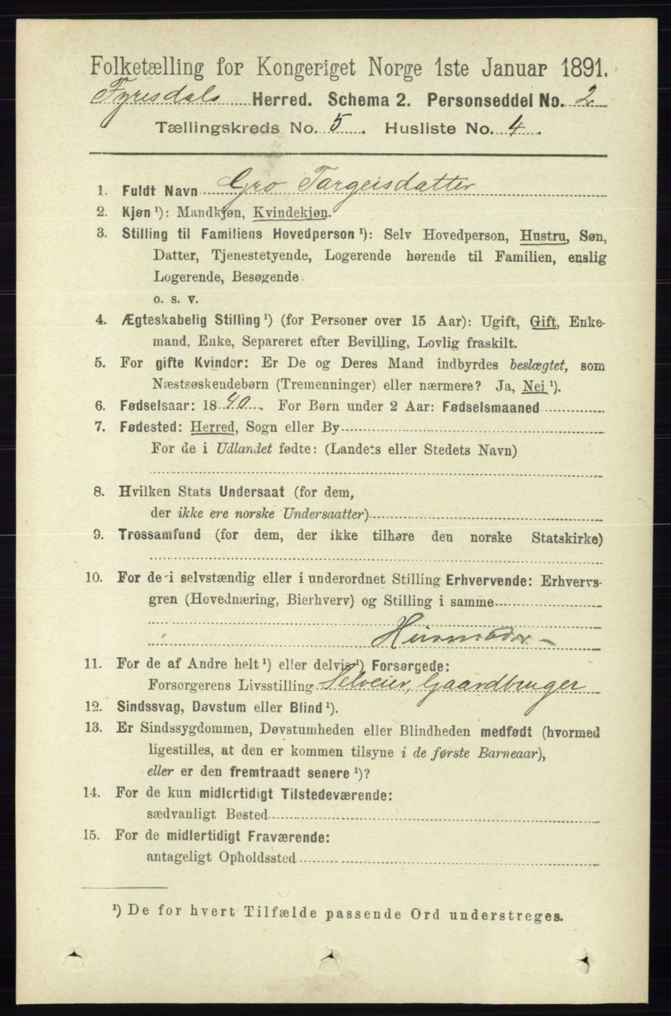 RA, 1891 census for 0831 Fyresdal, 1891, p. 1306