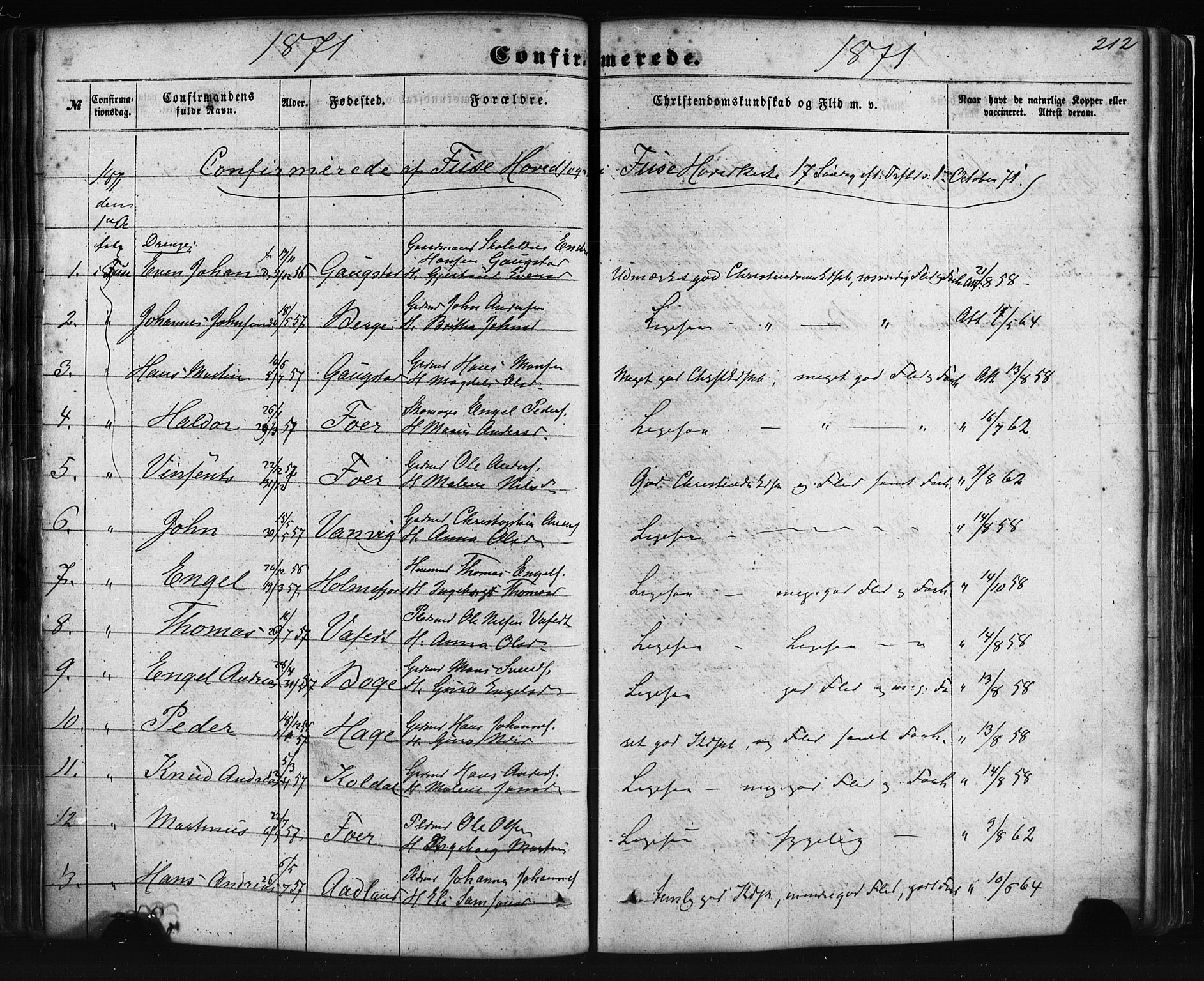 Fusa sokneprestembete, AV/SAB-A-75401/H/Haa: Parish register (official) no. A 1I, 1855-1879, p. 212