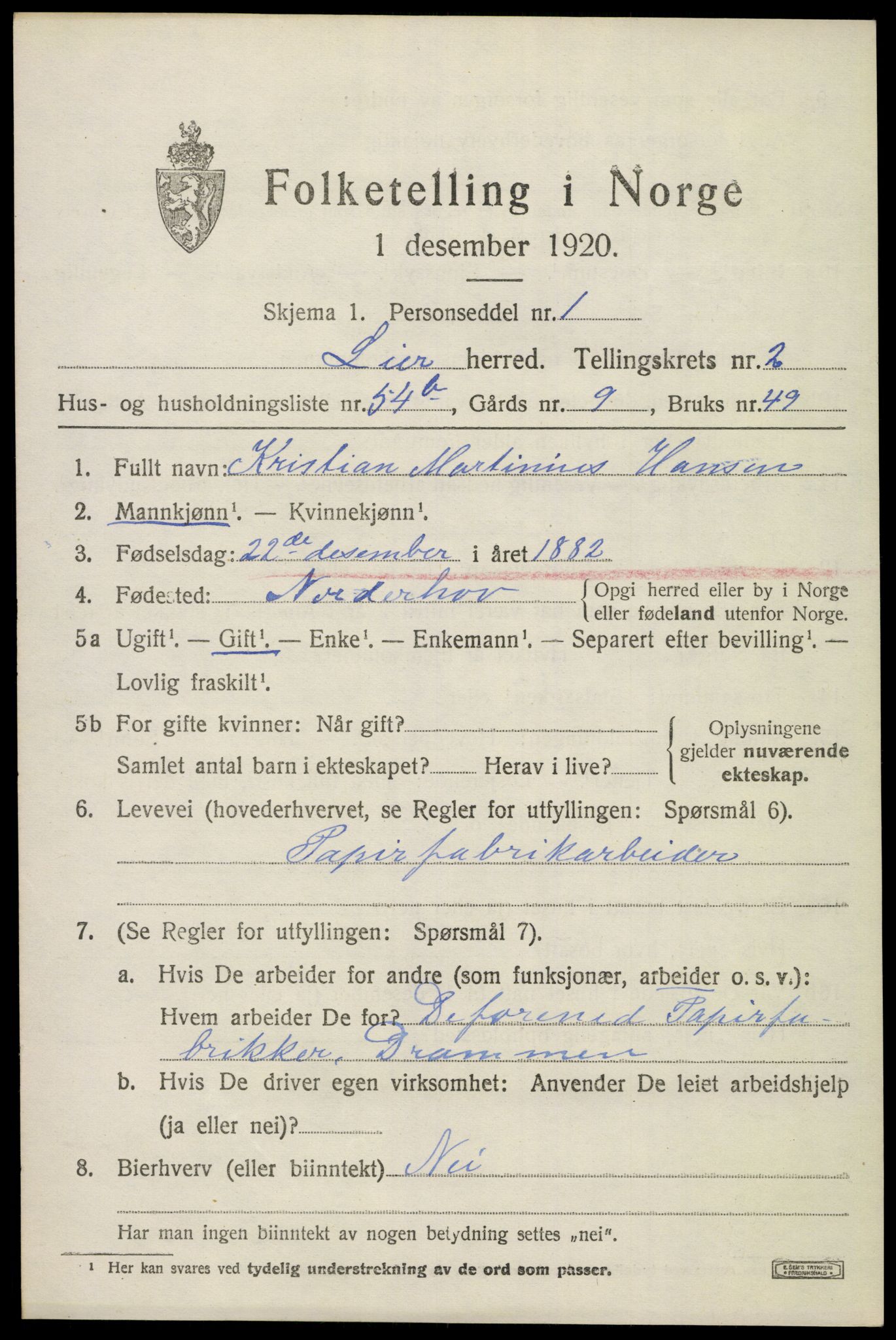 SAKO, 1920 census for Lier, 1920, p. 5254