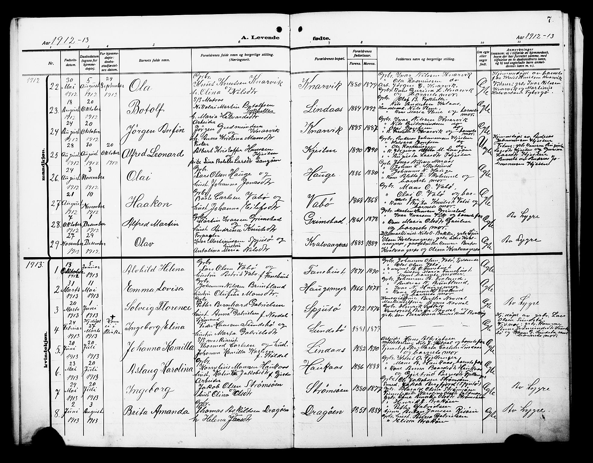 Lindås Sokneprestembete, AV/SAB-A-76701/H/Hab/Habb/L0004: Parish register (copy) no. B 4, 1912-1929, p. 7