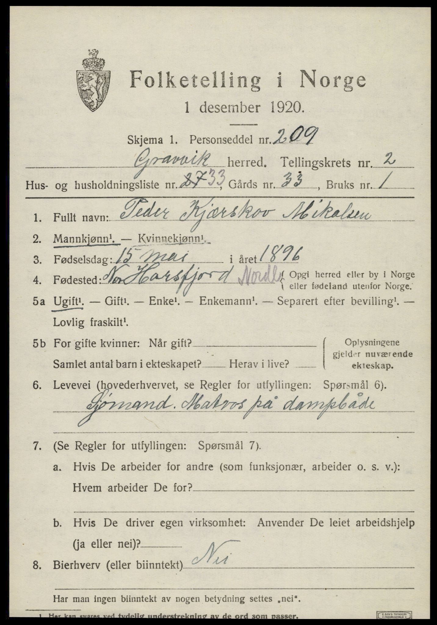 SAT, 1920 census for Gravvik, 1920, p. 1282