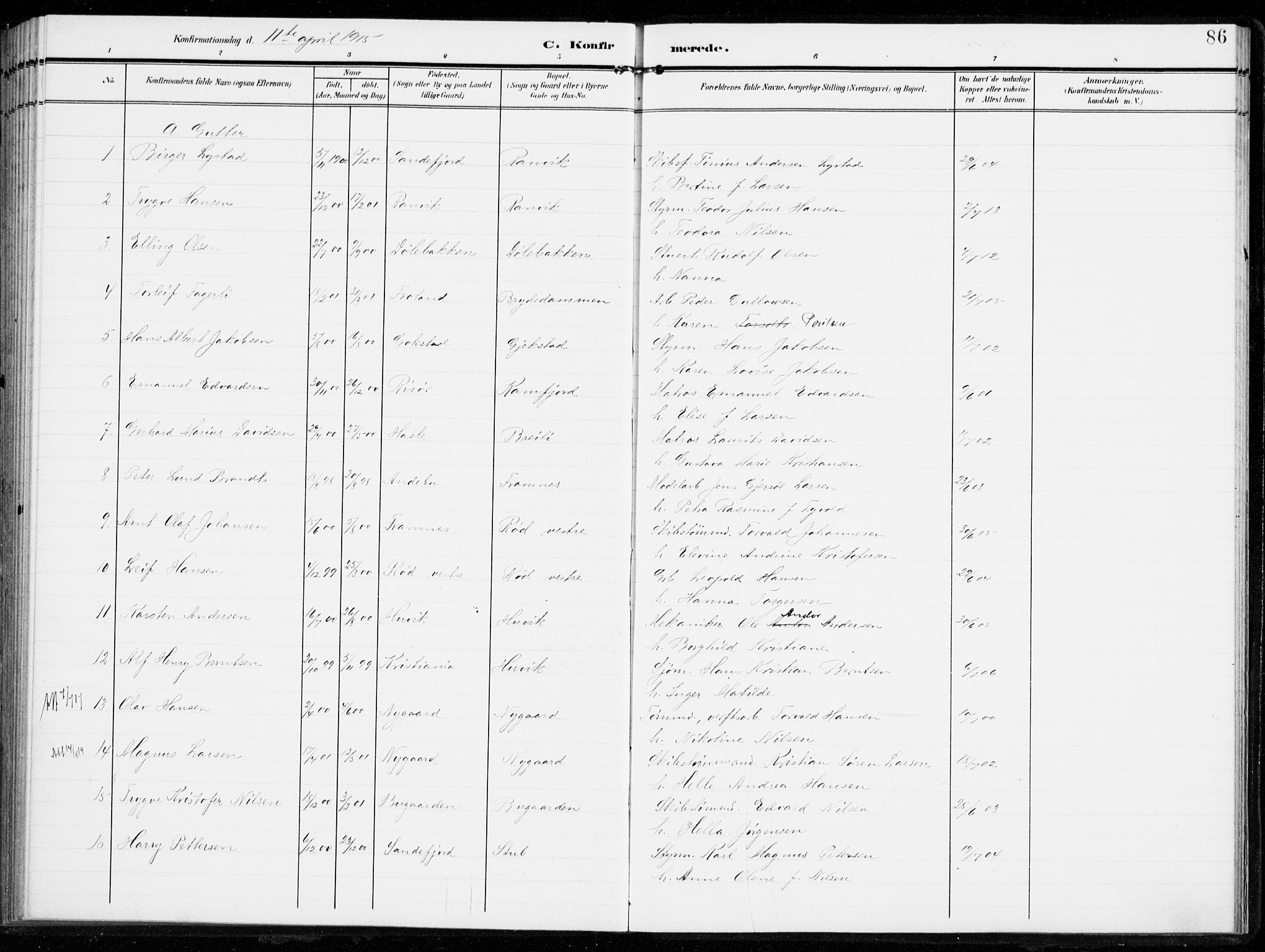 Sandar kirkebøker, SAKO/A-243/F/Fa/L0017: Parish register (official) no. 17, 1907-1917, p. 86
