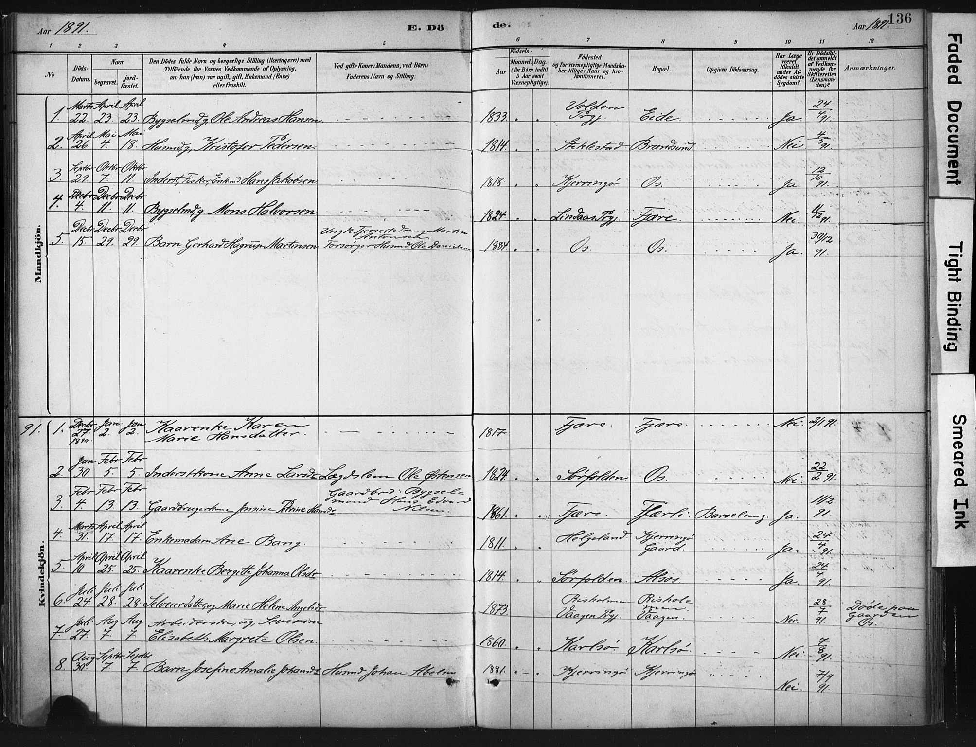 Ministerialprotokoller, klokkerbøker og fødselsregistre - Nordland, SAT/A-1459/803/L0071: Parish register (official) no. 803A01, 1881-1897, p. 136