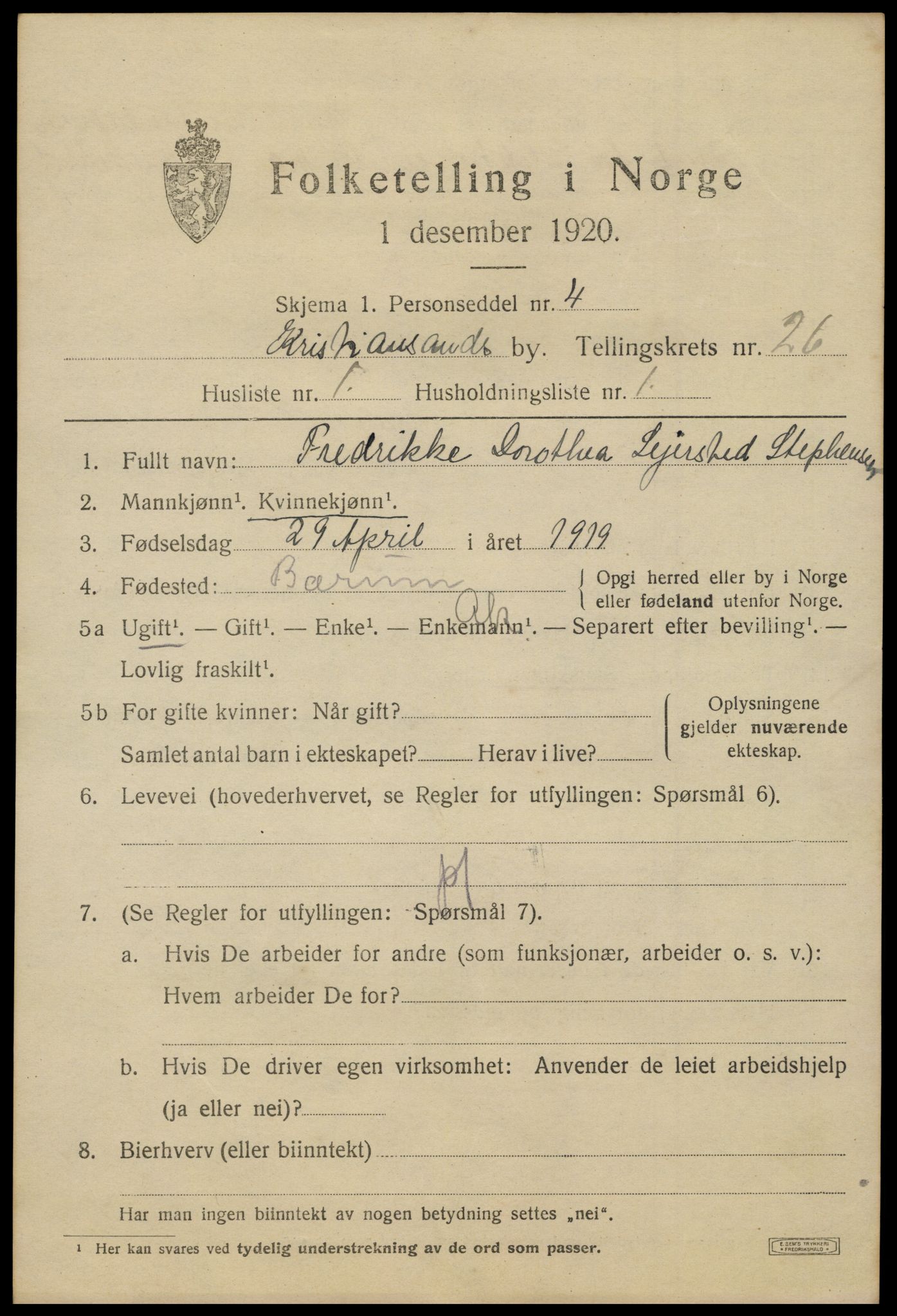 SAK, 1920 census for Kristiansand, 1920, p. 44853