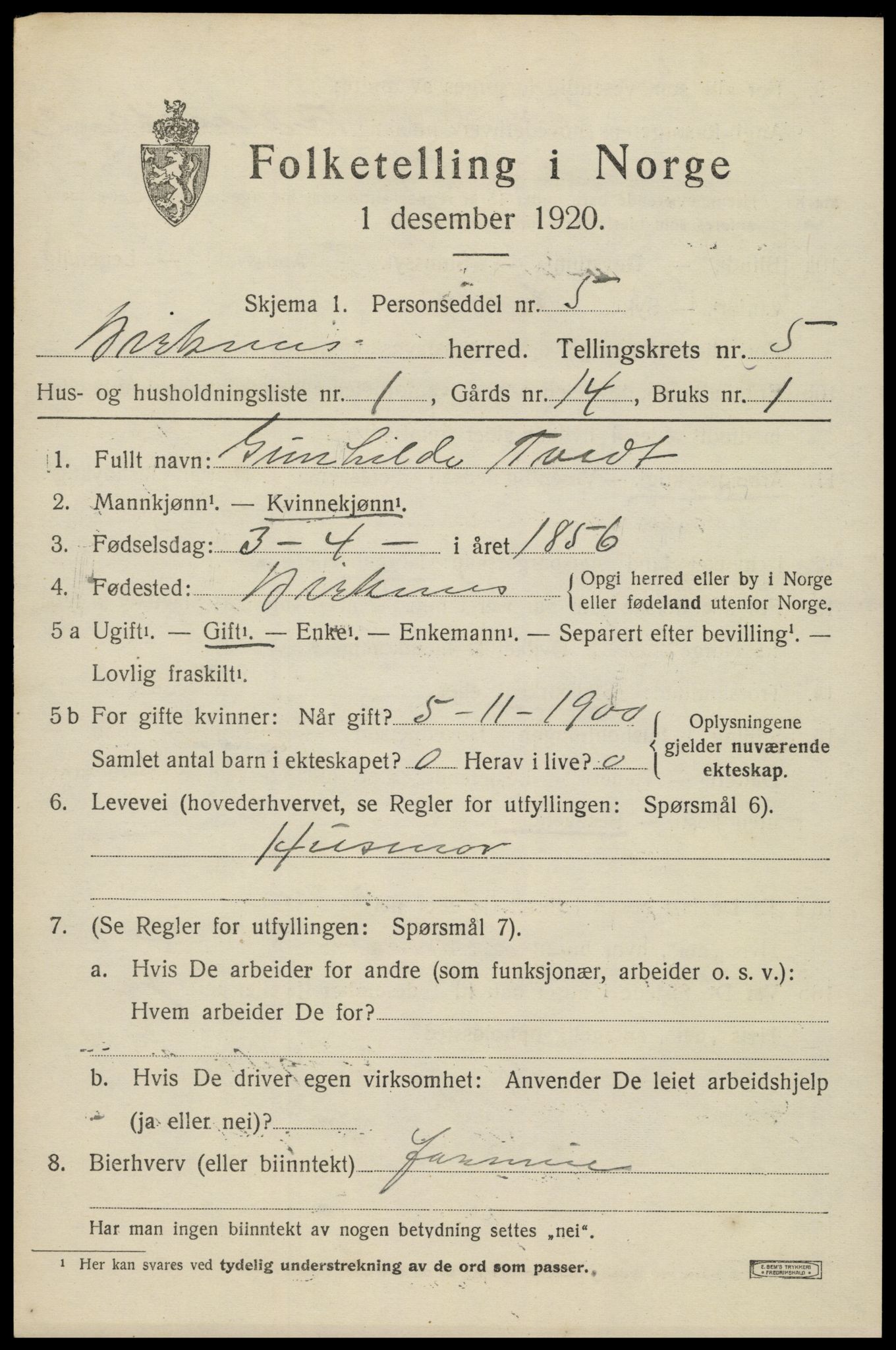 SAK, 1920 census for Birkenes, 1920, p. 3023