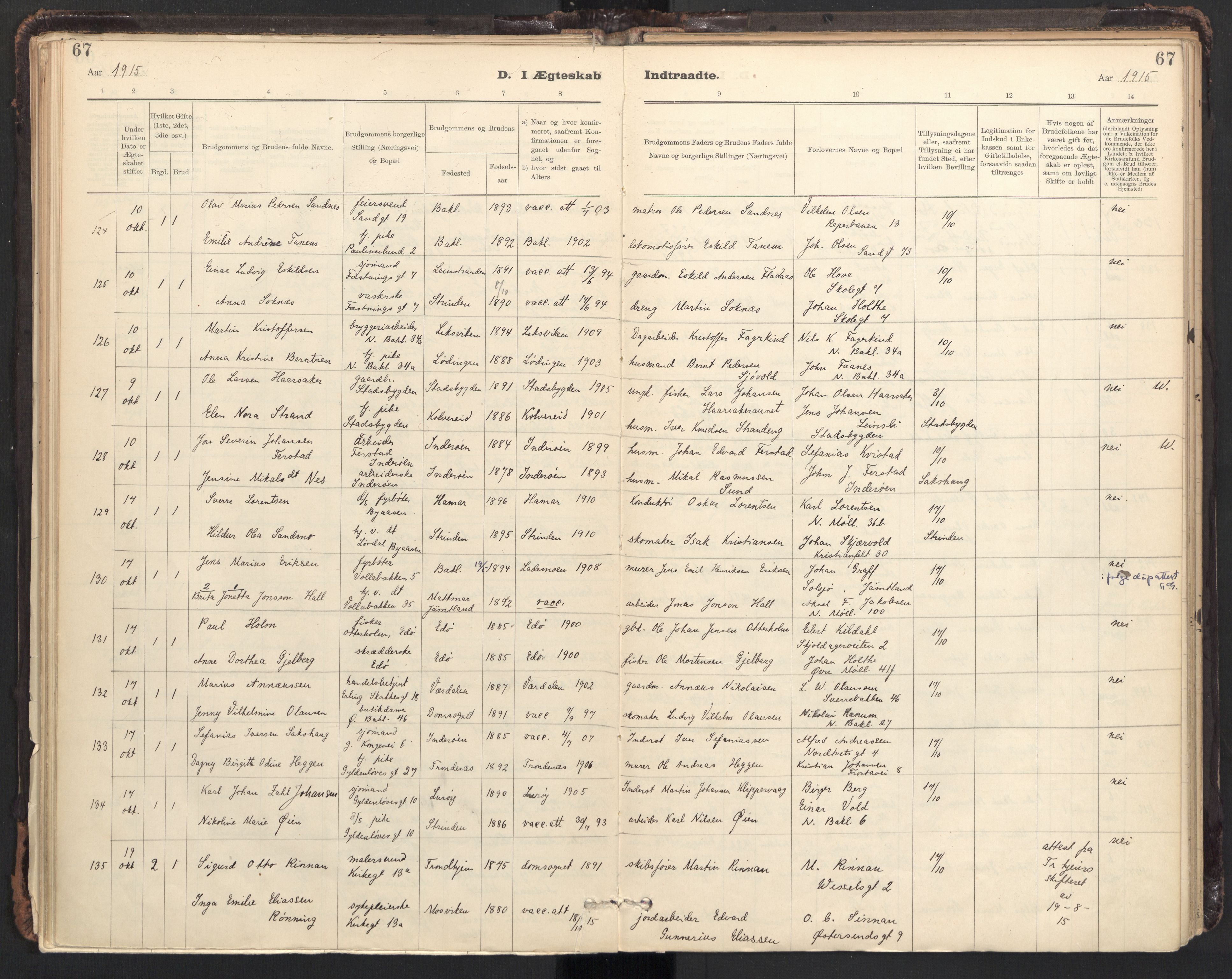 Ministerialprotokoller, klokkerbøker og fødselsregistre - Sør-Trøndelag, AV/SAT-A-1456/604/L0204: Parish register (official) no. 604A24, 1911-1920, p. 67