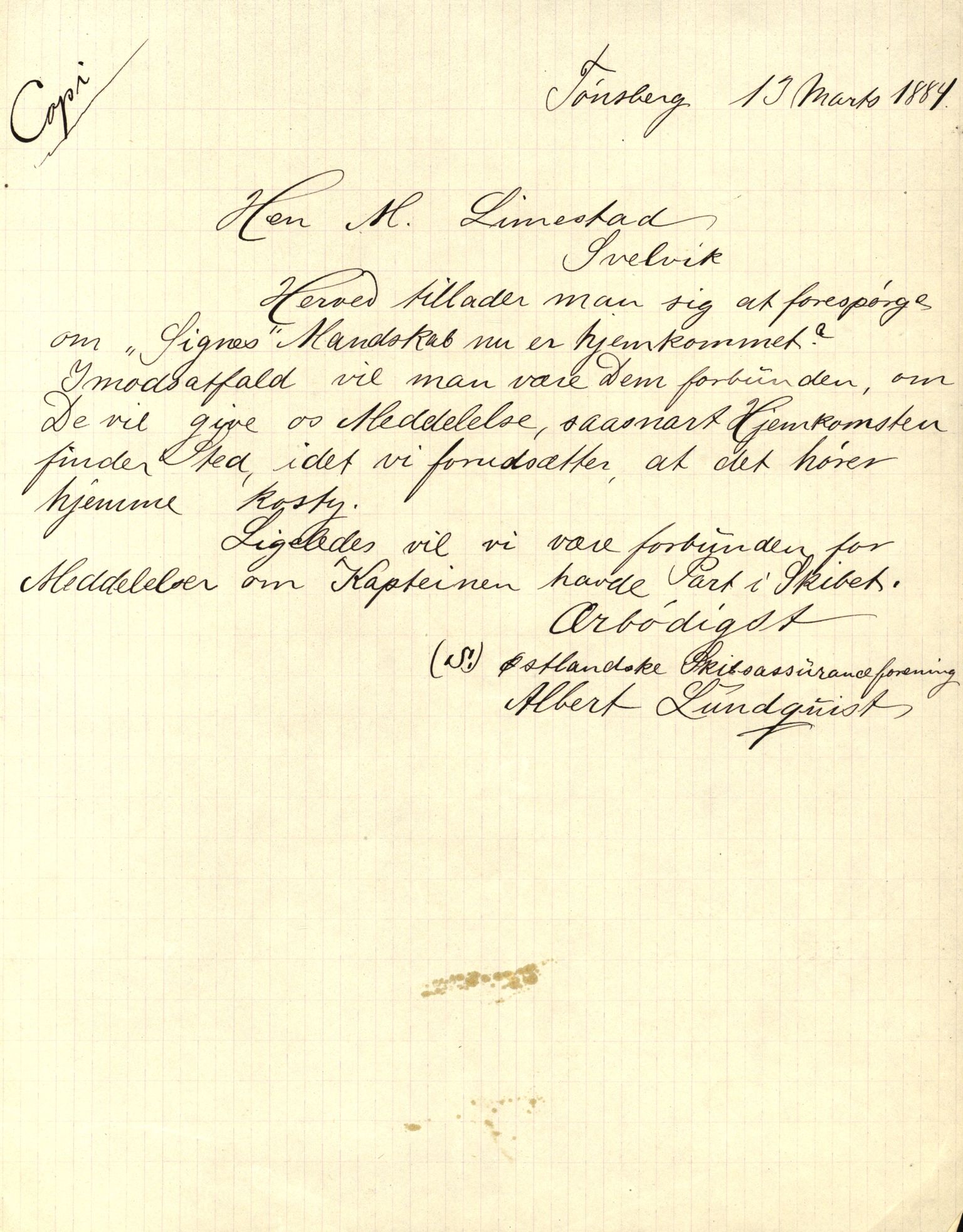 Pa 63 - Østlandske skibsassuranceforening, VEMU/A-1079/G/Ga/L0017/0005: Havaridokumenter / Signe, Hurra, Activ, Sjofna, Senior, Scandia, 1884, p. 46