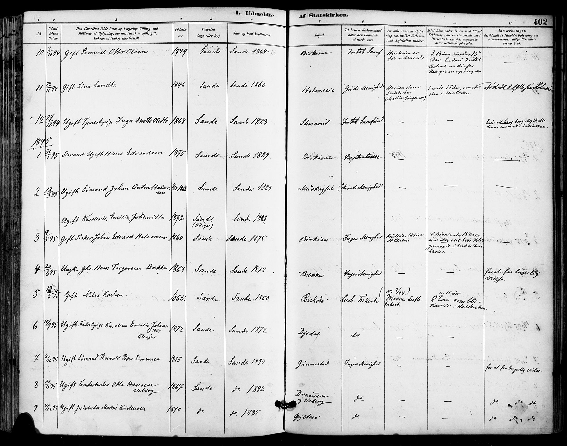 Sande Kirkebøker, AV/SAKO-A-53/F/Fa/L0007: Parish register (official) no. 7, 1888-1903, p. 402