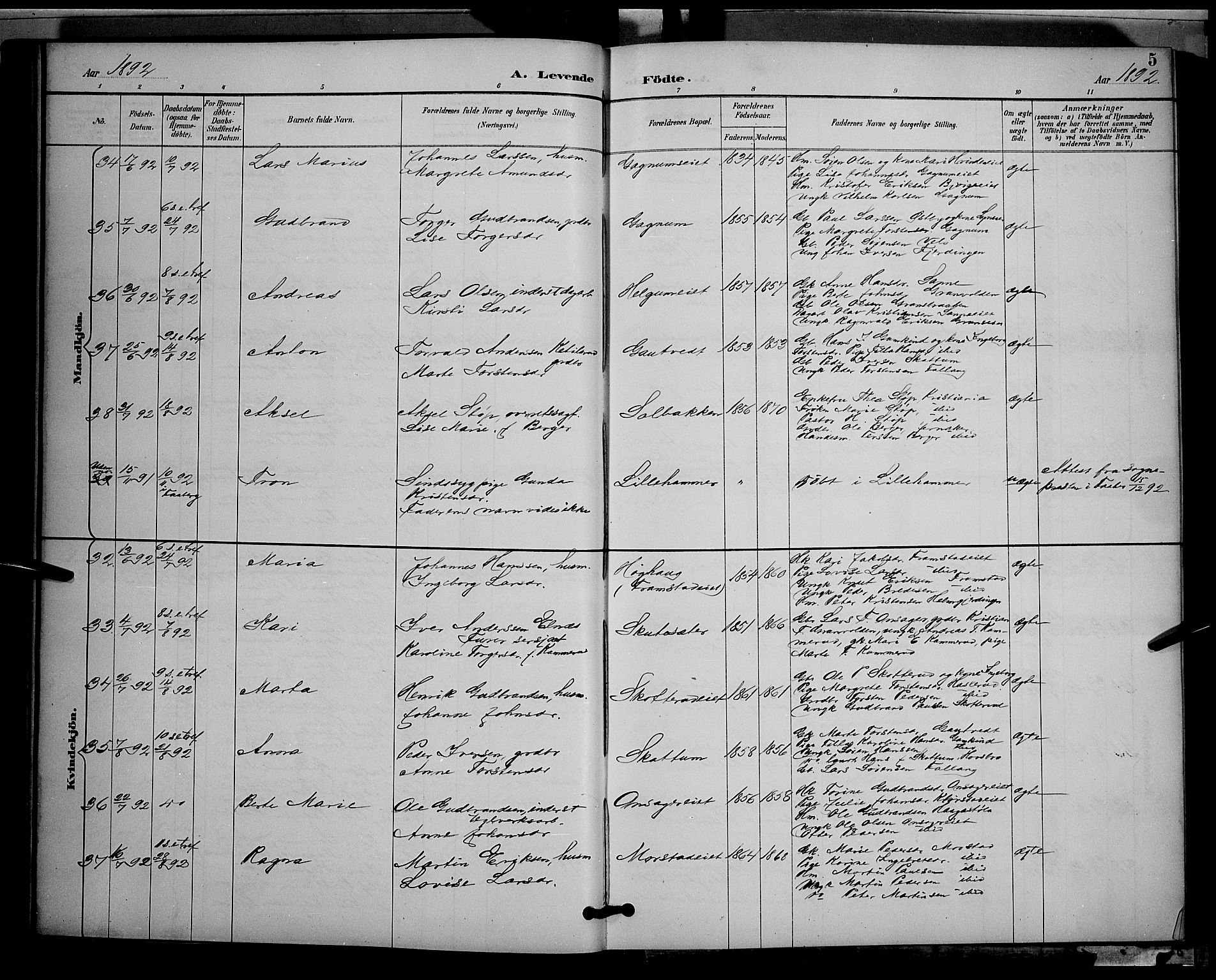 Gran prestekontor, AV/SAH-PREST-112/H/Ha/Hab/L0005: Parish register (copy) no. 5, 1892-1900, p. 5