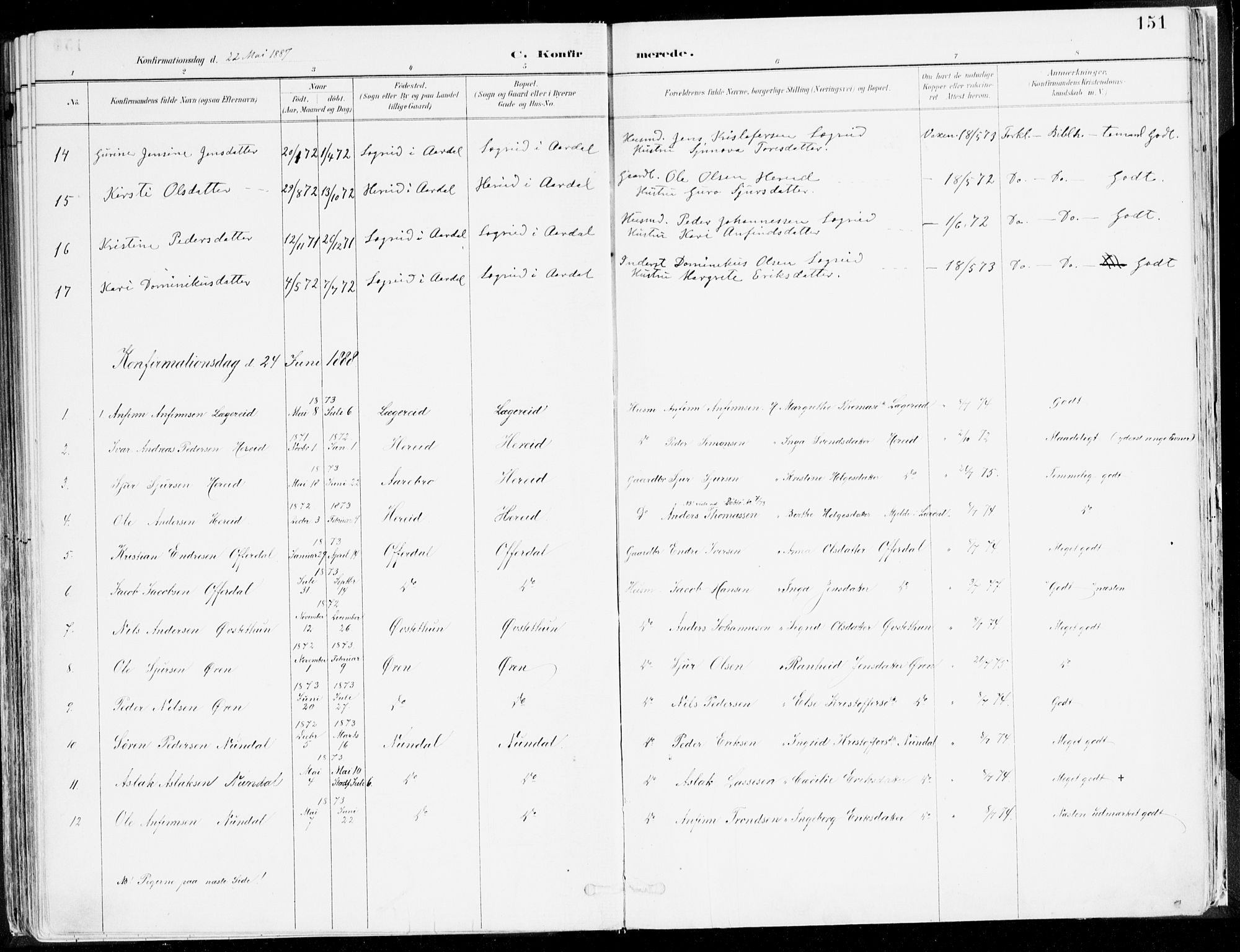 Årdal sokneprestembete, AV/SAB-A-81701: Parish register (official) no. A 5, 1887-1917, p. 151