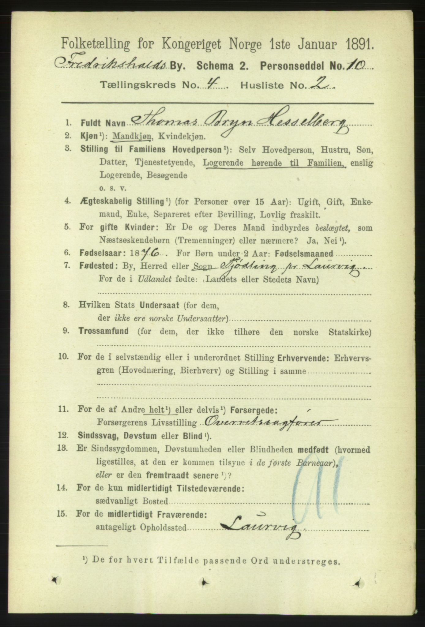 RA, 1891 census for 0101 Fredrikshald, 1891, p. 3763