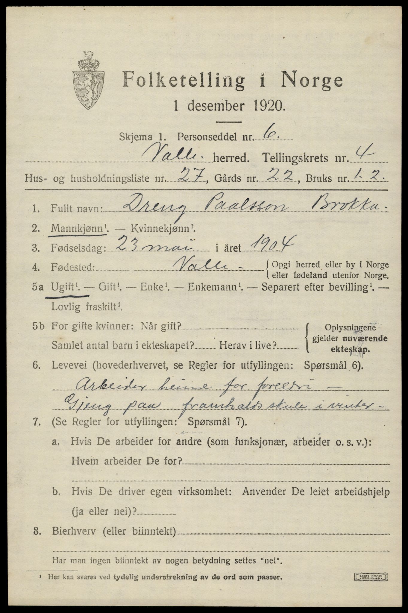 SAK, 1920 census for Valle, 1920, p. 2287