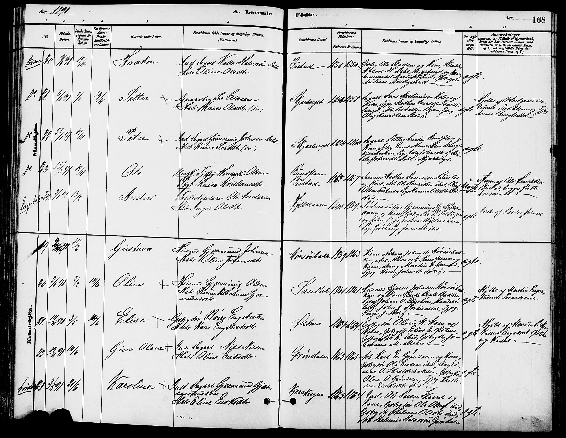 Trysil prestekontor, AV/SAH-PREST-046/H/Ha/Haa/L0008: Parish register (official) no. 8, 1881-1897, p. 168