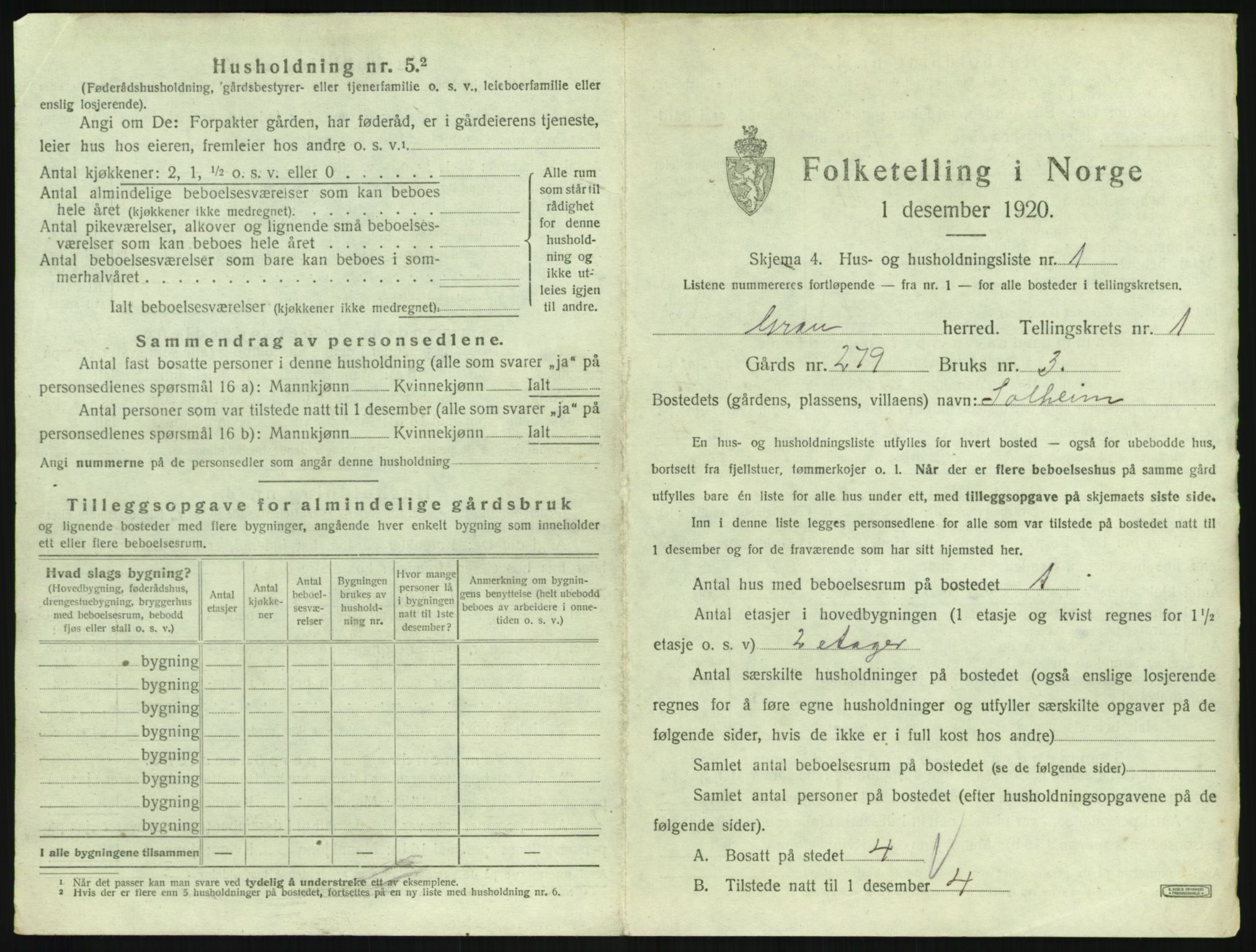 SAH, 1920 census for Gran, 1920, p. 48