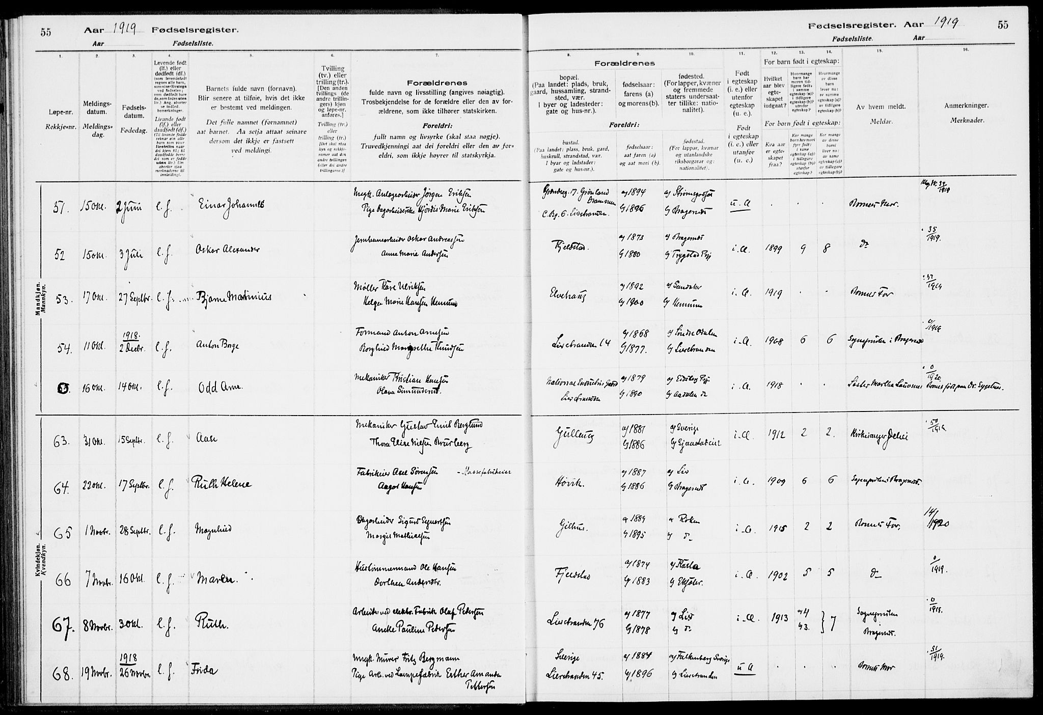 Lier kirkebøker, AV/SAKO-A-230/J/Ja/L0001: Birth register no. 1, 1916-1928, p. 55