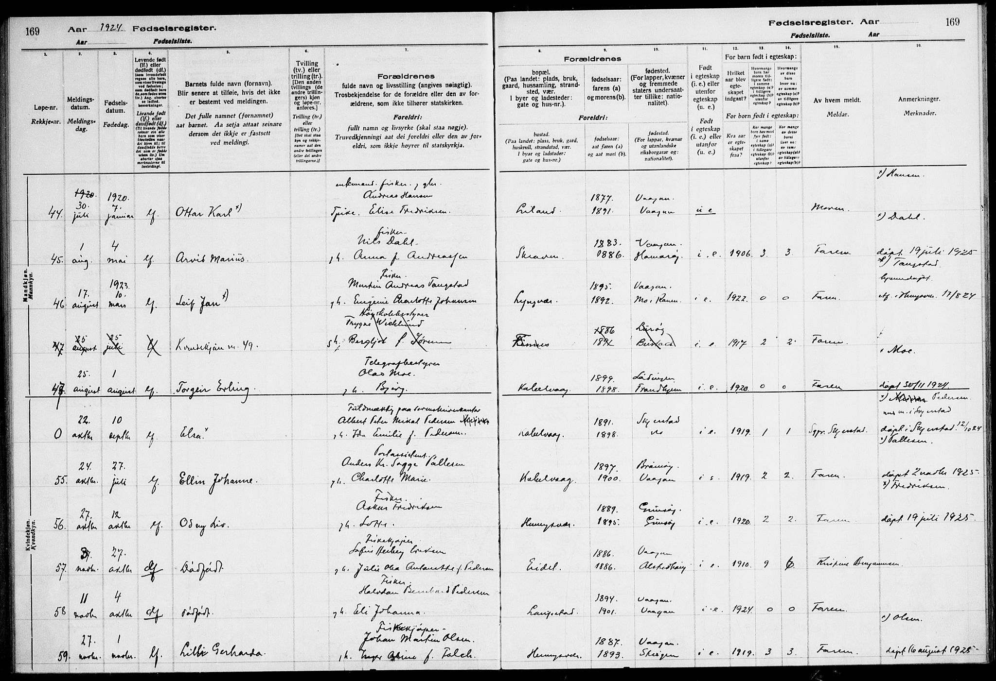 Ministerialprotokoller, klokkerbøker og fødselsregistre - Nordland, AV/SAT-A-1459/874/L1089: Birth register no. 874.II.4.1, 1916-1926, p. 169