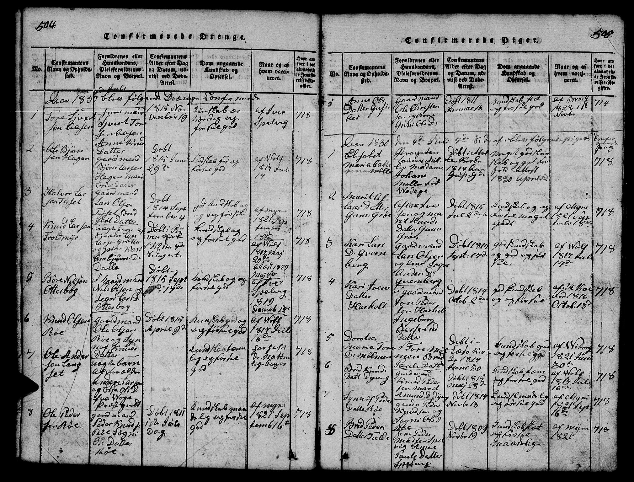 Ministerialprotokoller, klokkerbøker og fødselsregistre - Møre og Romsdal, SAT/A-1454/551/L0629: Parish register (copy) no. 551C01, 1818-1839, p. 504-505