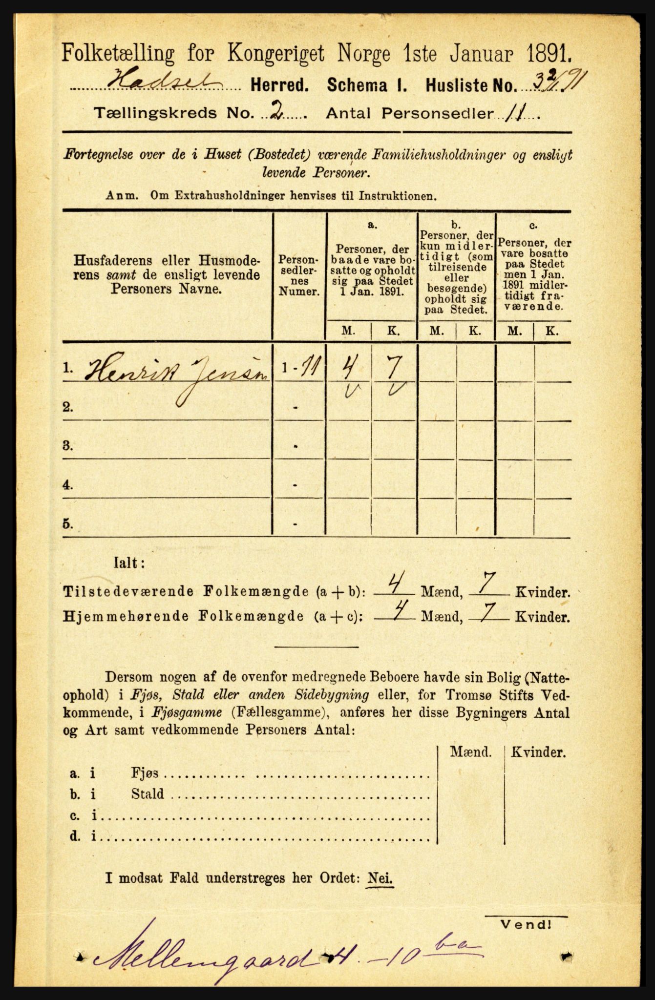 RA, 1891 census for 1866 Hadsel, 1891, p. 597