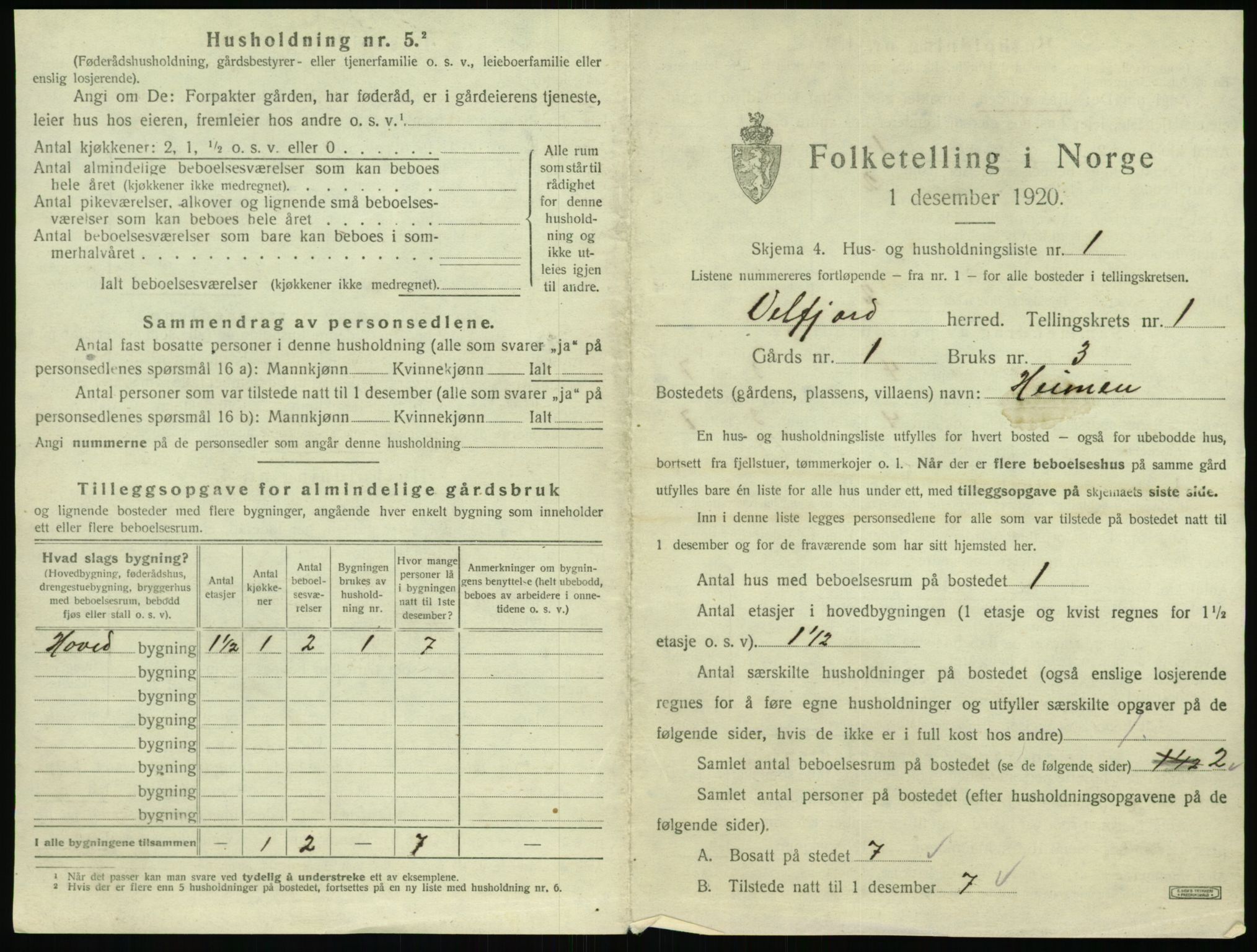 SAT, 1920 census for Velfjord, 1920, p. 37