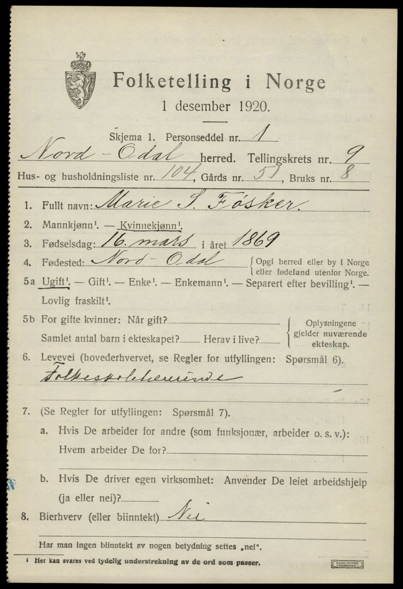 SAH, 1920 census for Nord-Odal, 1920, p. 10861