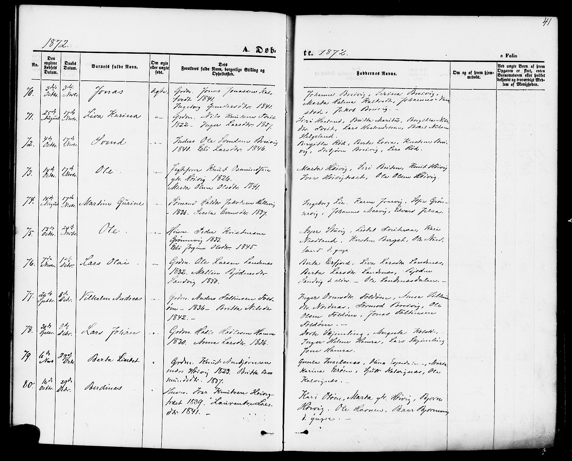 Jelsa sokneprestkontor, AV/SAST-A-101842/01/IV: Parish register (official) no. A 8, 1867-1883, p. 41