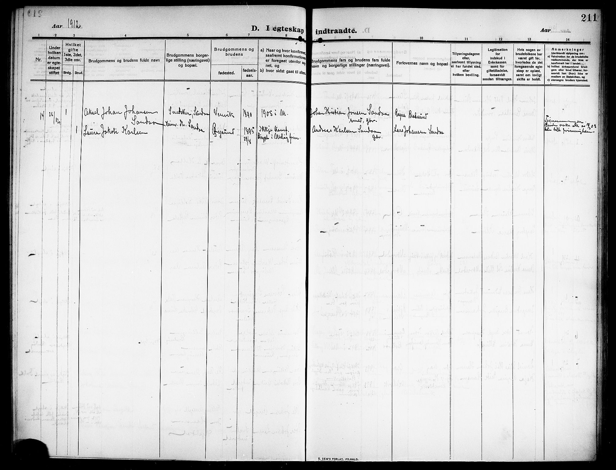 Ministerialprotokoller, klokkerbøker og fødselsregistre - Nordland, SAT/A-1459/843/L0639: Parish register (copy) no. 843C08, 1908-1924, p. 211