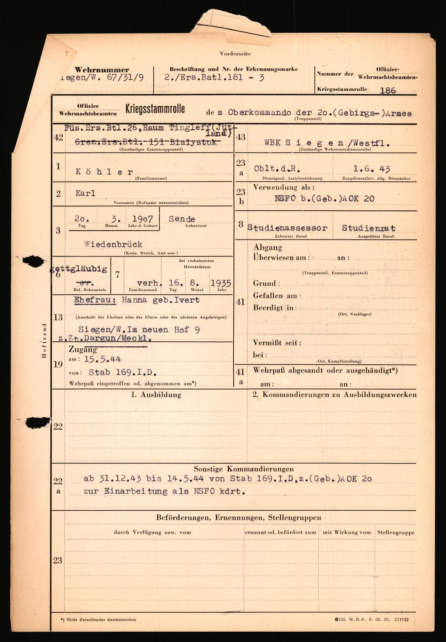 Forsvarets Overkommando. 2 kontor. Arkiv 11.4. Spredte tyske arkivsaker, AV/RA-RAFA-7031/D/Dar/Dara/L0018: Personalbøker, 1940-1945, p. 861