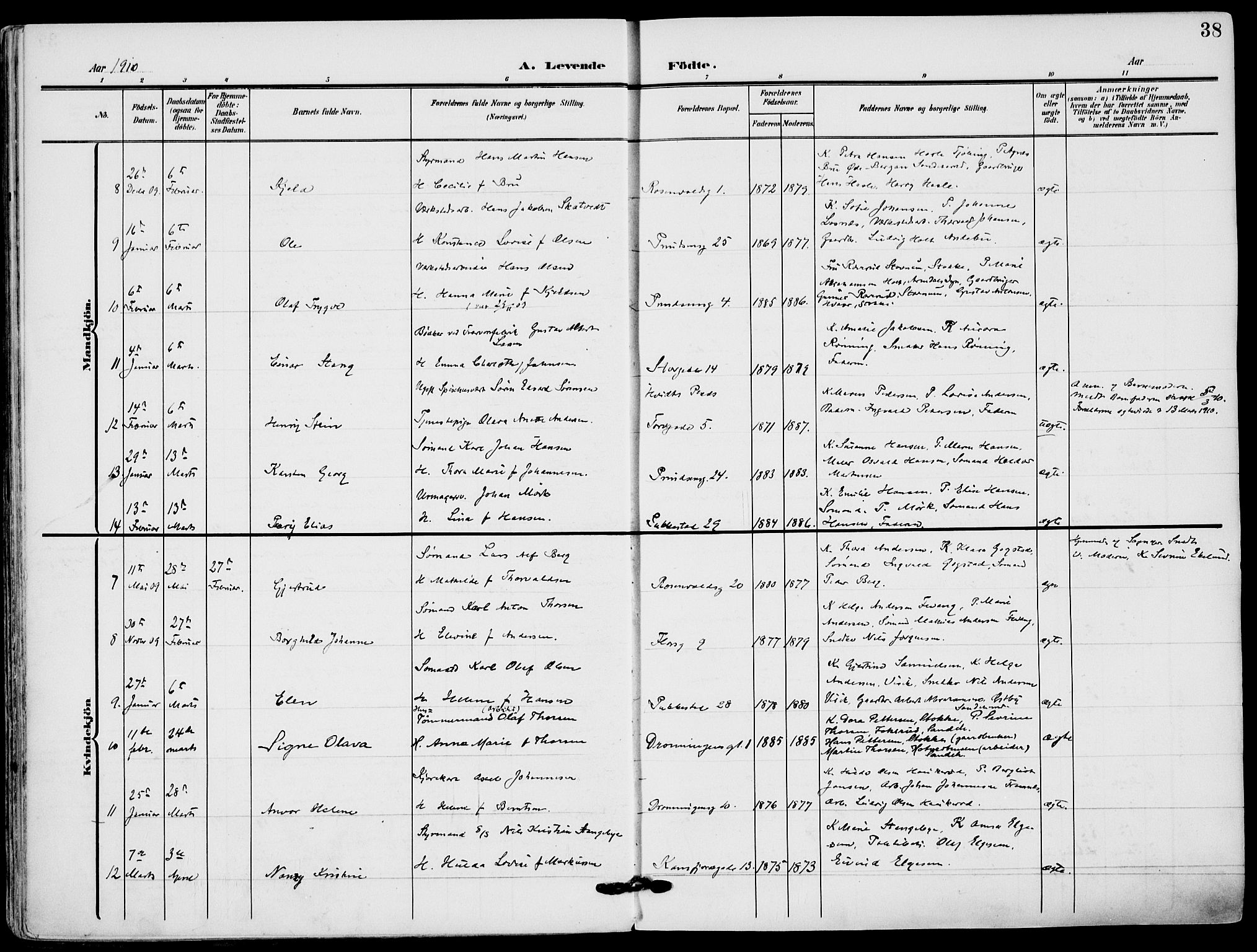 Sandefjord kirkebøker, AV/SAKO-A-315/F/Fa/L0005: Parish register (official) no. 5, 1906-1915, p. 38