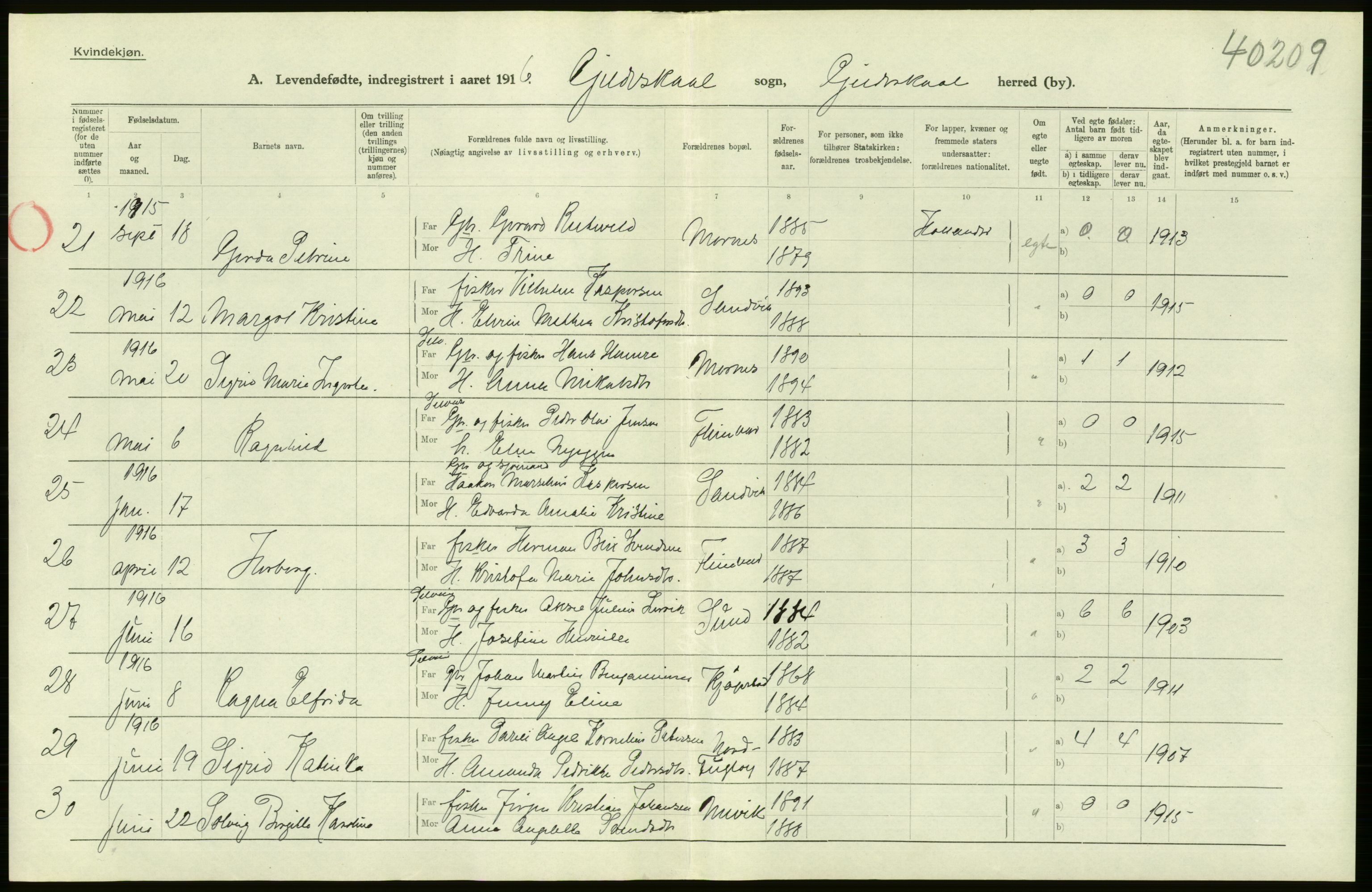 Statistisk sentralbyrå, Sosiodemografiske emner, Befolkning, AV/RA-S-2228/D/Df/Dfb/Dfbf/L0050: Nordlands amt: Levendefødte menn og kvinner. Bygder., 1916, p. 34